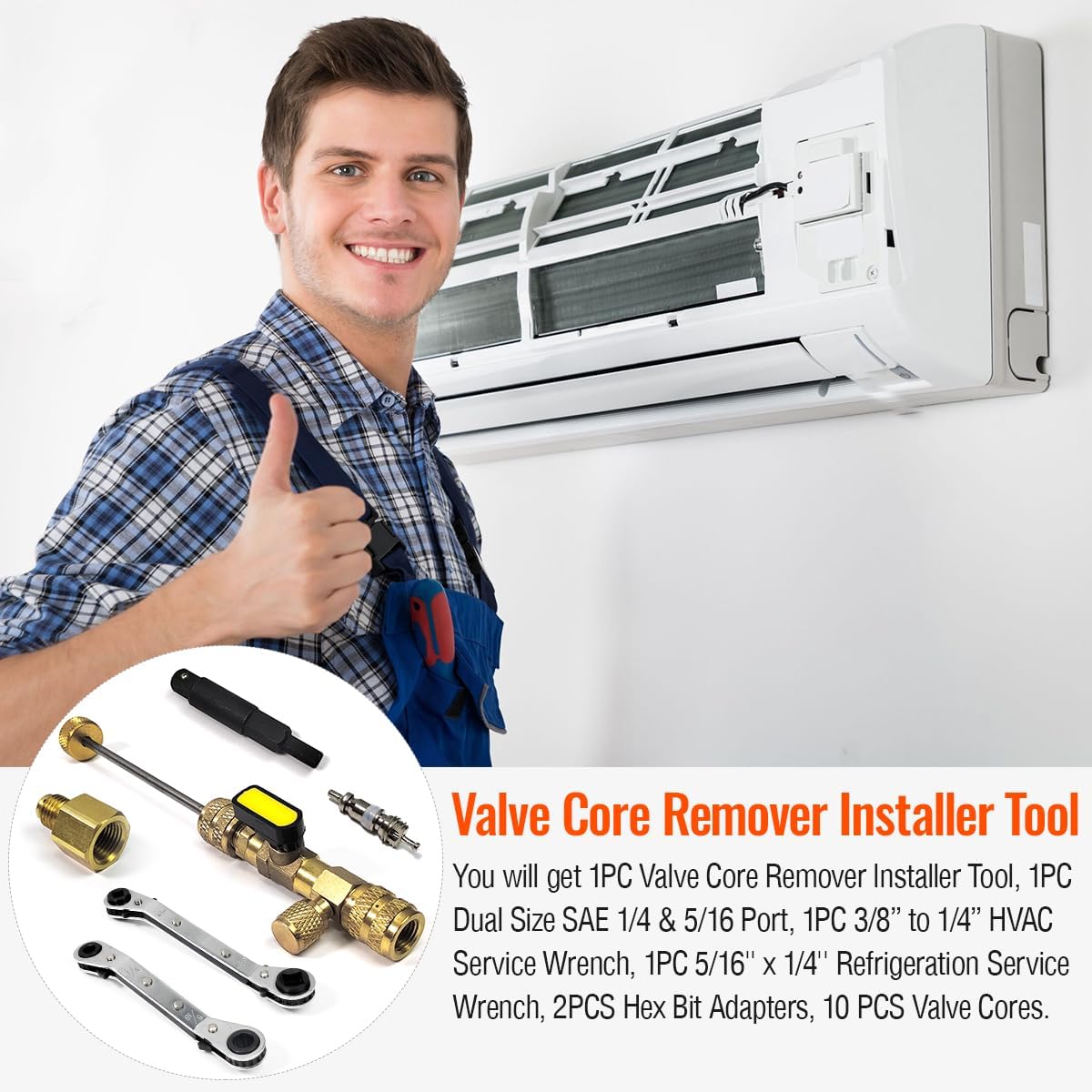 R410a R22 HVAC Core Removal Tool and Service Wrench Set, Ac Schrader Removal Tool for R22 R12 R407 R410 R404 R32, HVAC Tools with Refrigeration Repair Wrenches and Cores