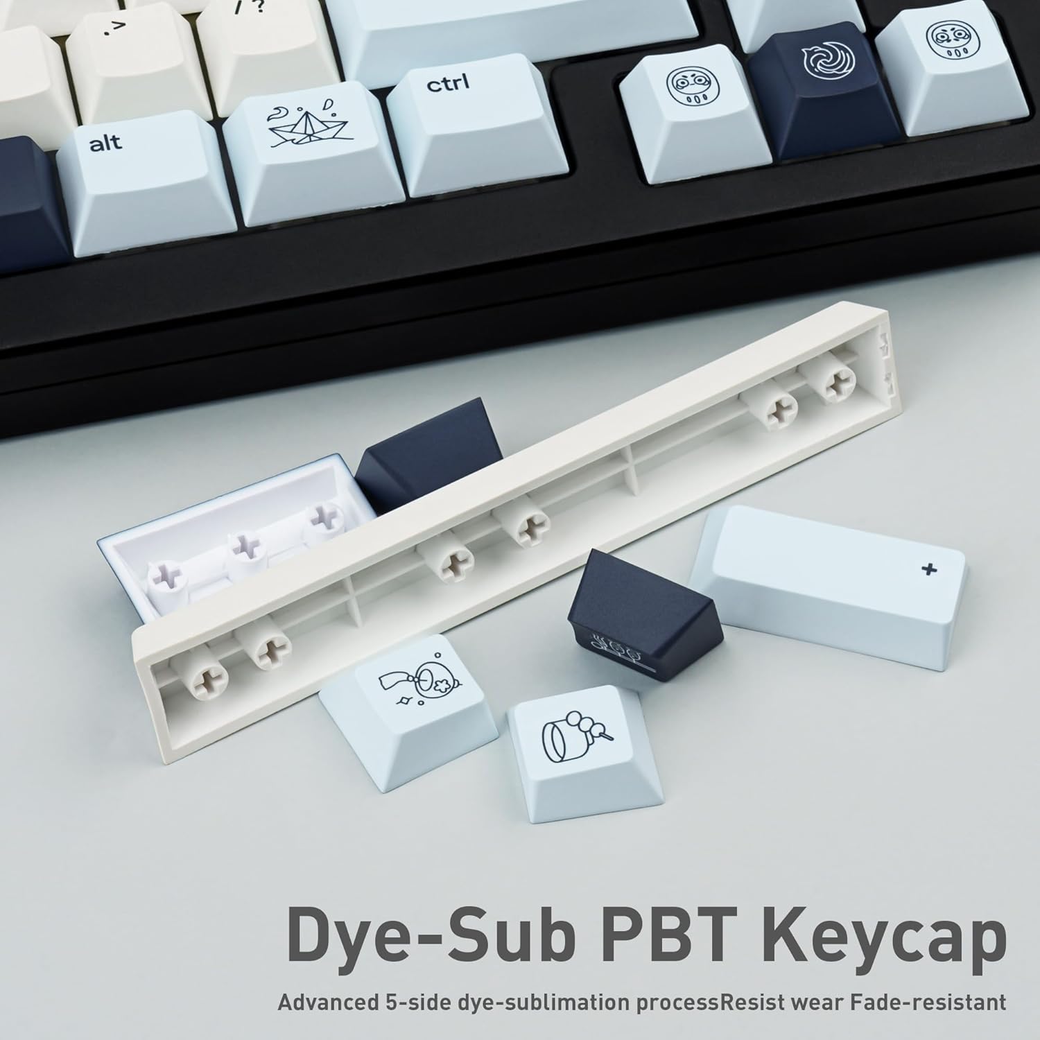 Cute PBT Keycaps 130 Keys, Minimalist Style Key Cap Blue White Anime Keycaps, Cherry Profile Dye-Sublimation Key Caps for Cherry MX Switches Mechanical Gaming Keyboard 60% 75% 100%