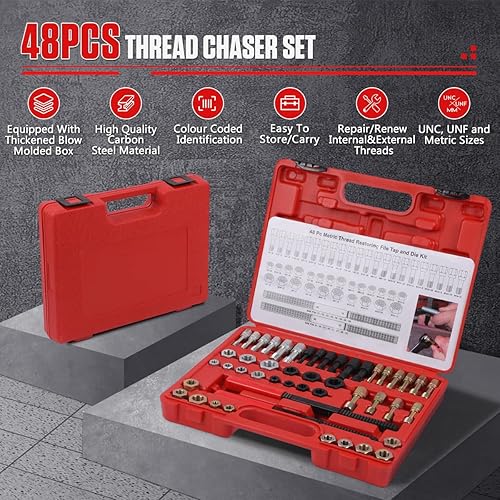 Miniatura 2 de Juego de 48 piezas de reparación de roscas, UNCUNFKit de restauración de roscas métricas, con 24 troqueles de reenhebrado, 22 grifos de reenhebrado,