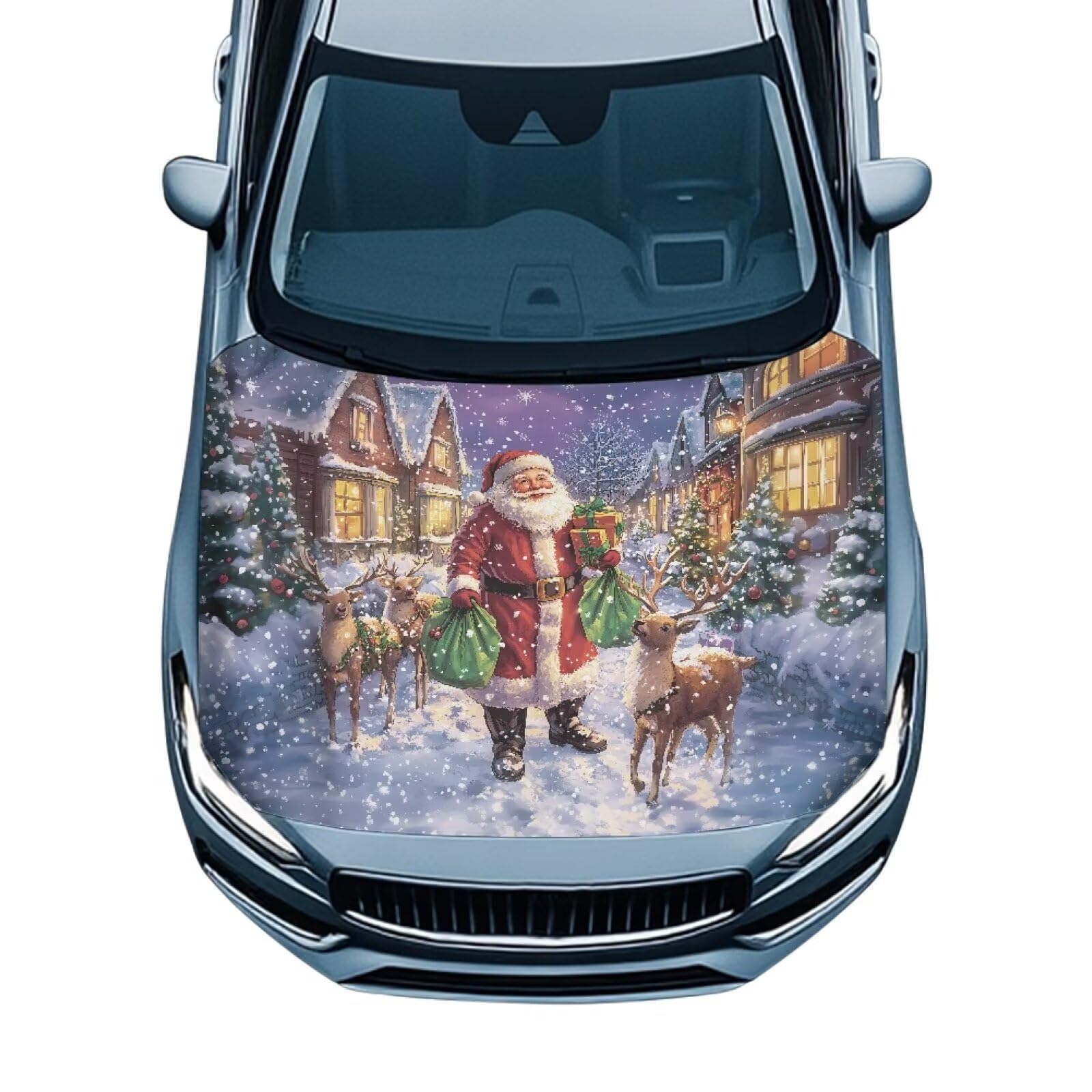 Christmas Santa Claus Deer Car Hood Cover Polyester Elastic Fabrics Can be Washed Suitable for SUV Trucks Universal for Cars
