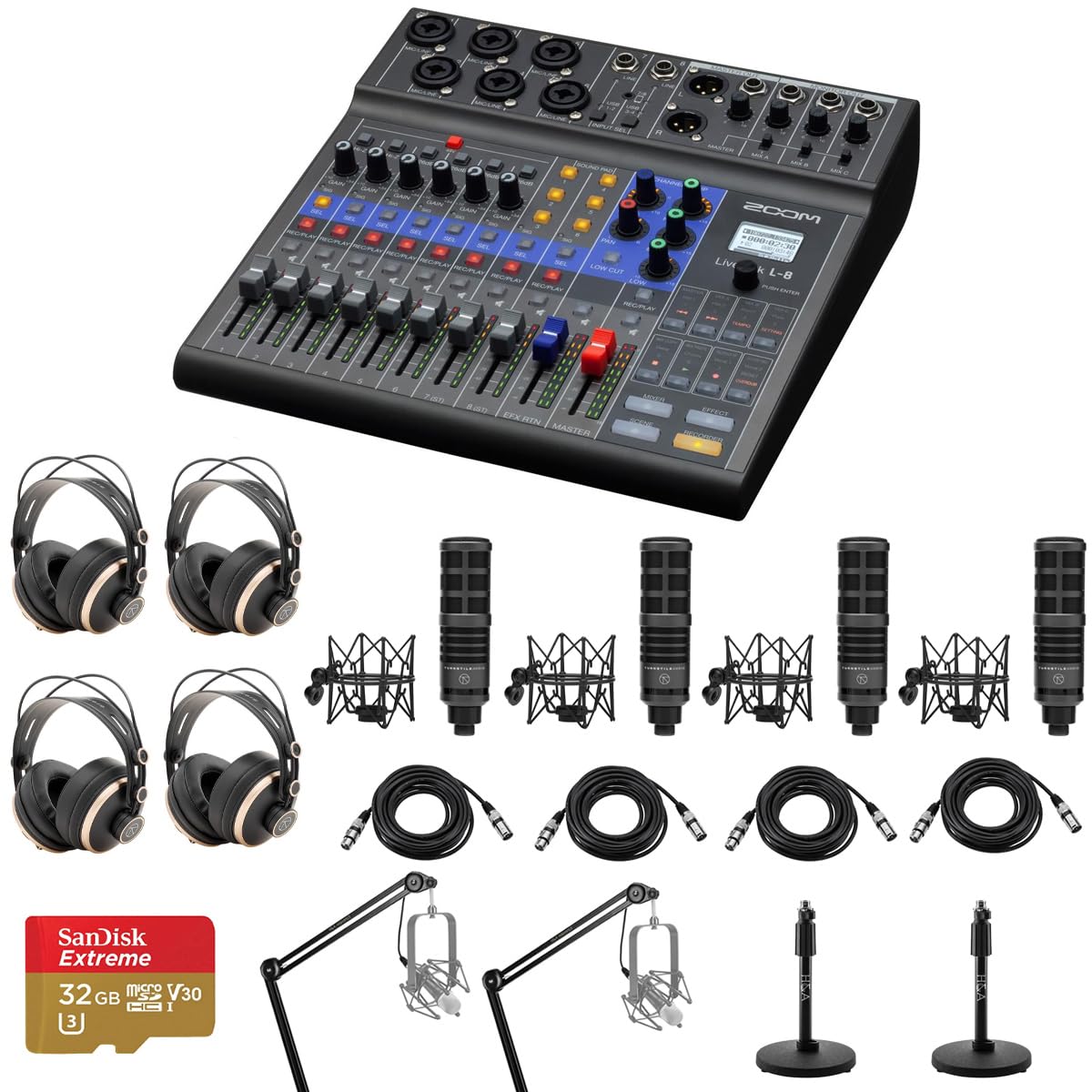 Zoom LiveTrak L-8 Portable 8-Channel Digital Mixer and Multitrack Recorder Bundle with 4x TAP300 Mic, 4x TAPH700 Headphones, 2x Arm, 2x Mic Stand, 4x XLR M to F Cable, 32GB microSD Card