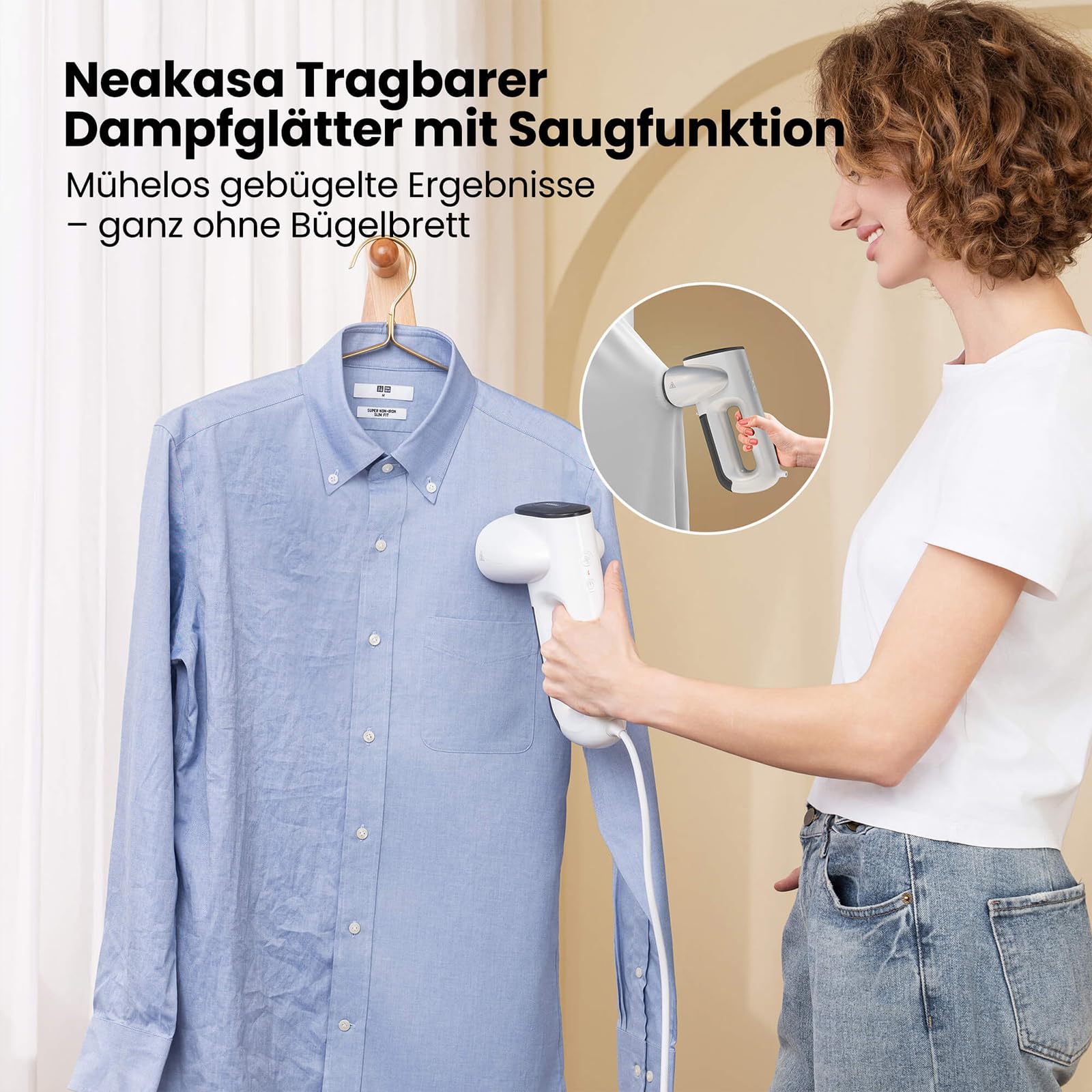Neakasa Magic 1 Steamer Dampfglätter mit Saugfunktion, tragbarer Reisedampfglätter, 2300 Pa Saugleistung, Großer abnehmbar Wassertank, 30Sekunden Aufheizen, Dampfbügeleisen 2 in 1, (220V-243V)