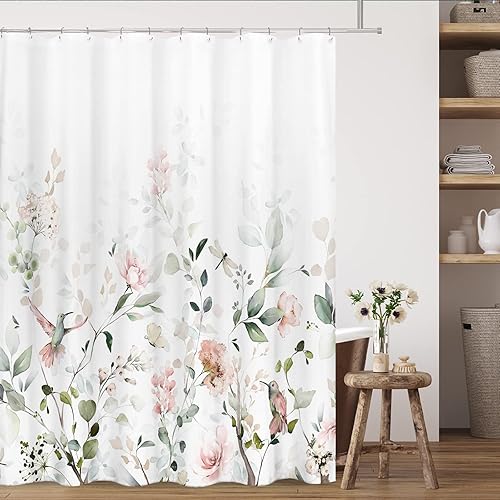 Miniatura 10 de Tititex Blomming - Cortina de ducha floral rosa y blanco brillante, diseño de hojas verdes acuarela, decoración de baño, juego de cortinas de ducha