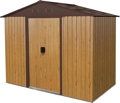 8 x 4 FT Outdoor Storage Shed, Garden Tool Metal Shed with Sliding Doors & Metal Foundation, Tool Shed Tiny House Vertical Outside Storage Building for Backyard, Coffee