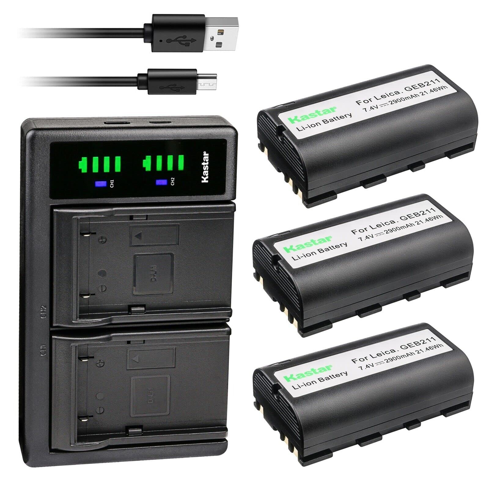 Kastar 3-Pack Battery and LTD2 USB Charger Compatible with Leica 724117 733269 733270 T733270 772806 Leica GEB70 GEB90 GEB111 GEB171 GEB211 GEB212