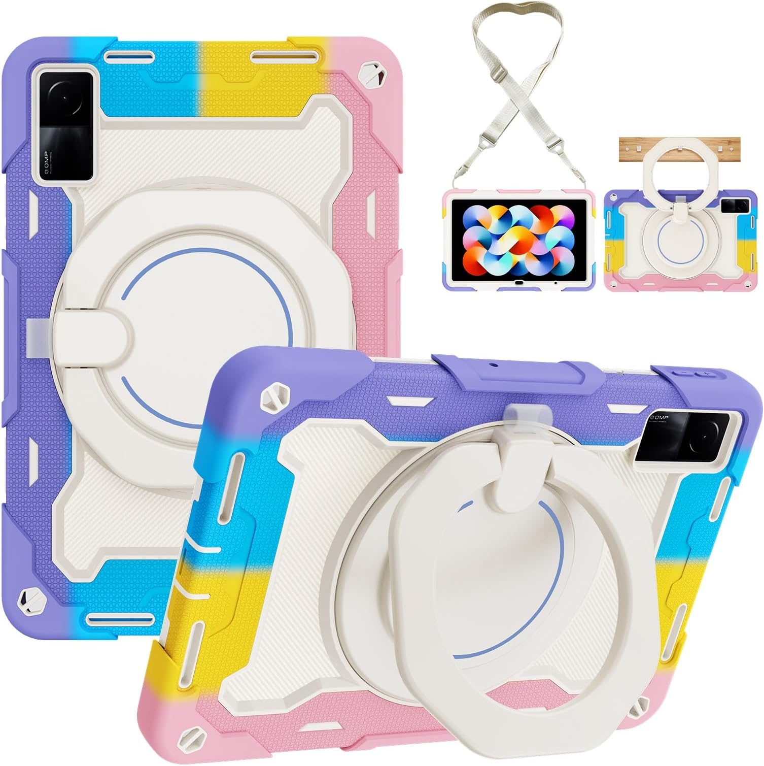 Heavy-Duty Protective Case for Xiaomi Redmi Pad 10.6inch, 360° Rotating Stand, Shoulder Strap, Pencil Holder & Handle Ring, Shockproof Cover for Kids & Adults(Pink Purple)