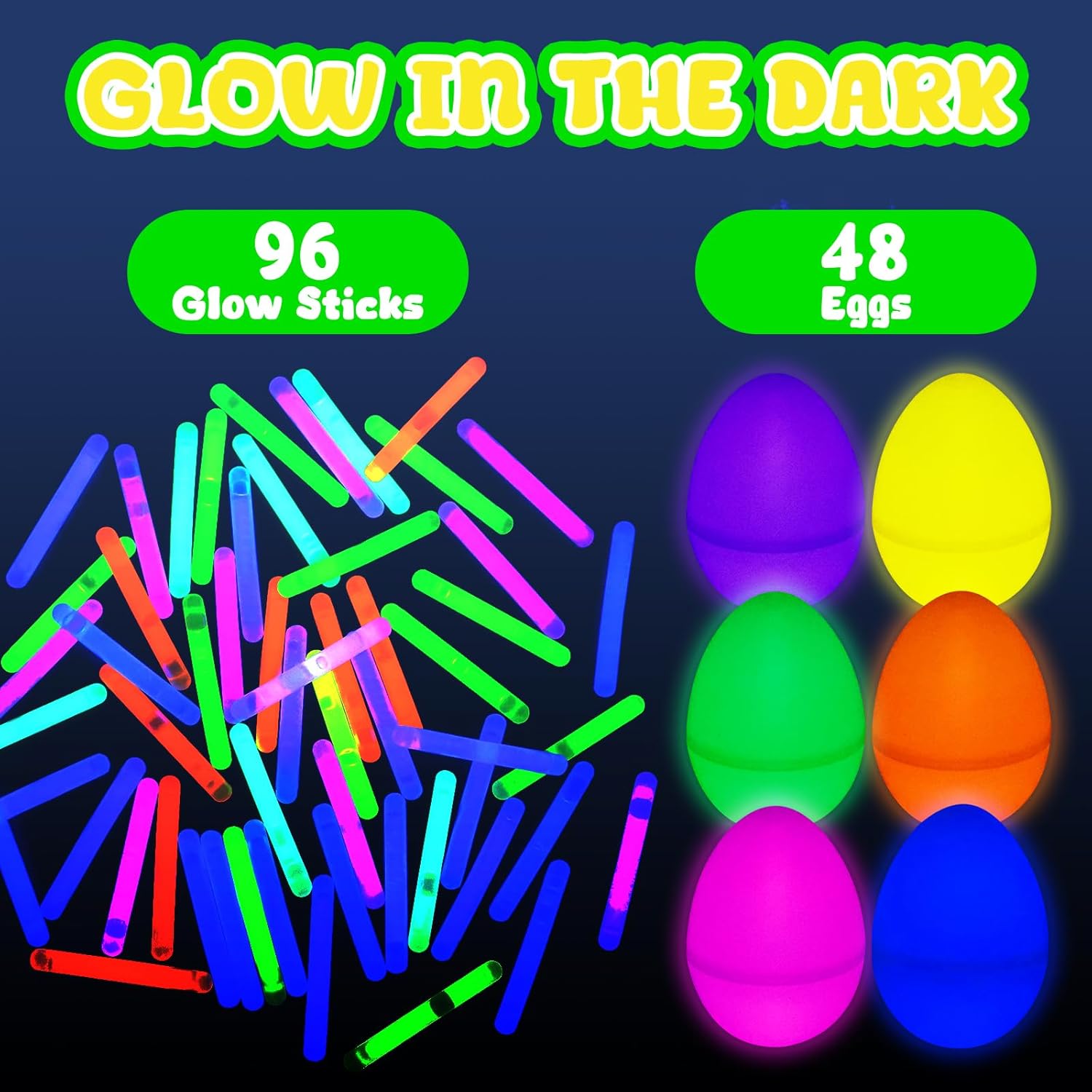 MGparty Glow in The Dark Easter Eggs, 48 Plastic Eggs with 96 Mini Glow Sticks for Kids Easter Basket Stuffers Party Favors Egg Hunt Supplies and Easter Decorations