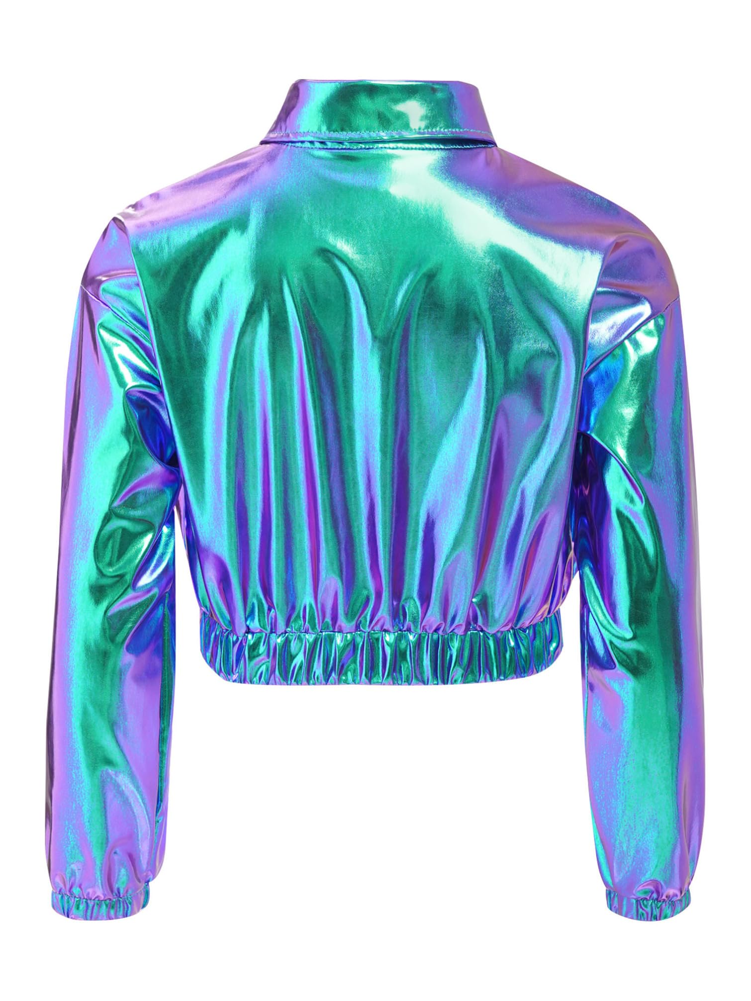TiaoBug Mädchen Metallic Jacke Langarm Hemd Bluse Kurze Übergangsjacke mit Reisverschluss Modern Jazz Hip Hop Tanz 70er 80er Jahre Outfit