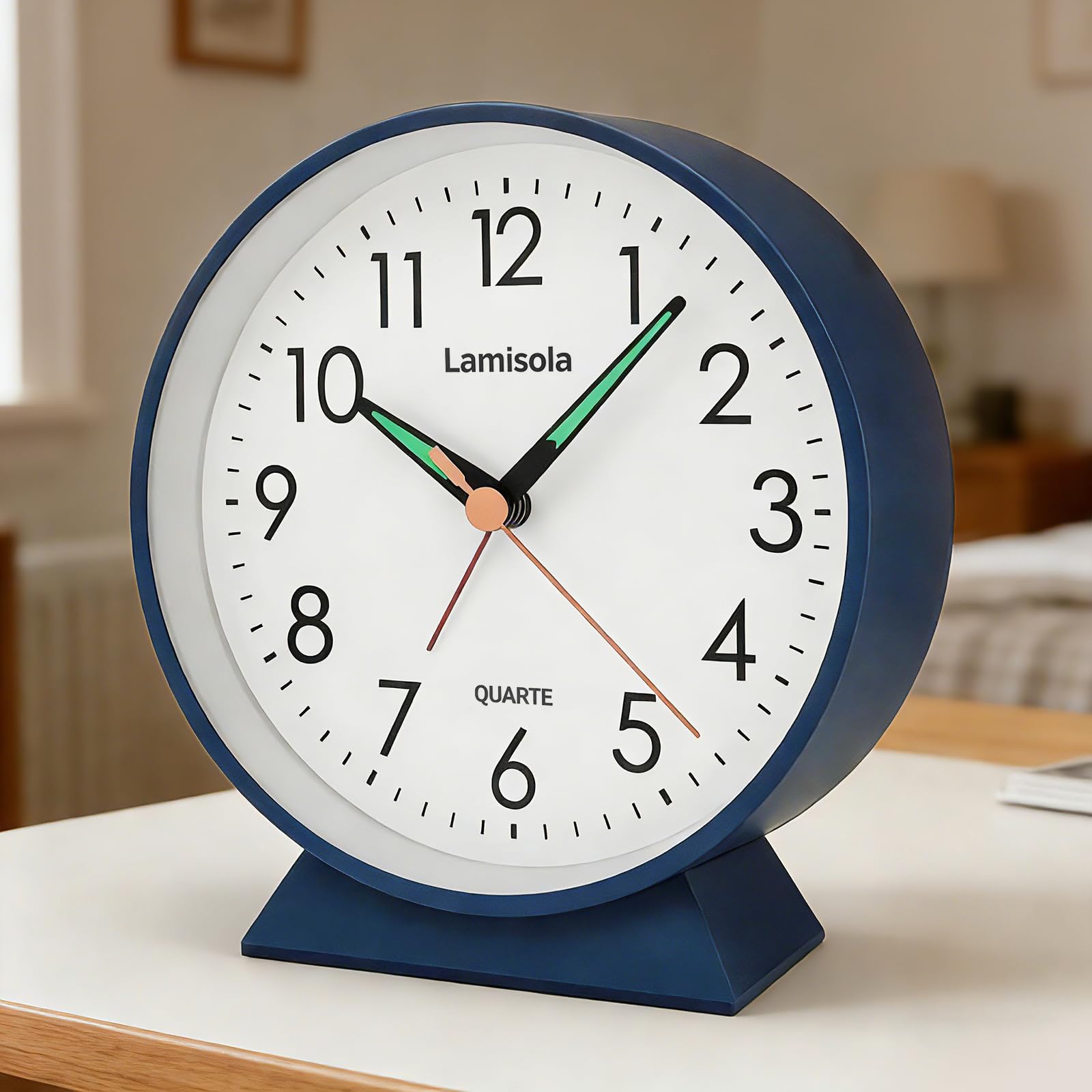 Lamisola 4.5 Inch Small Silent Analog Alarm Clock, Retro Battery Operated Desk Clock with Night Light Stays On 4 Seconds Vintage Metal Table Clock for Bedside, Bedroom, Office, Bathroom - Navy Blue-image-8