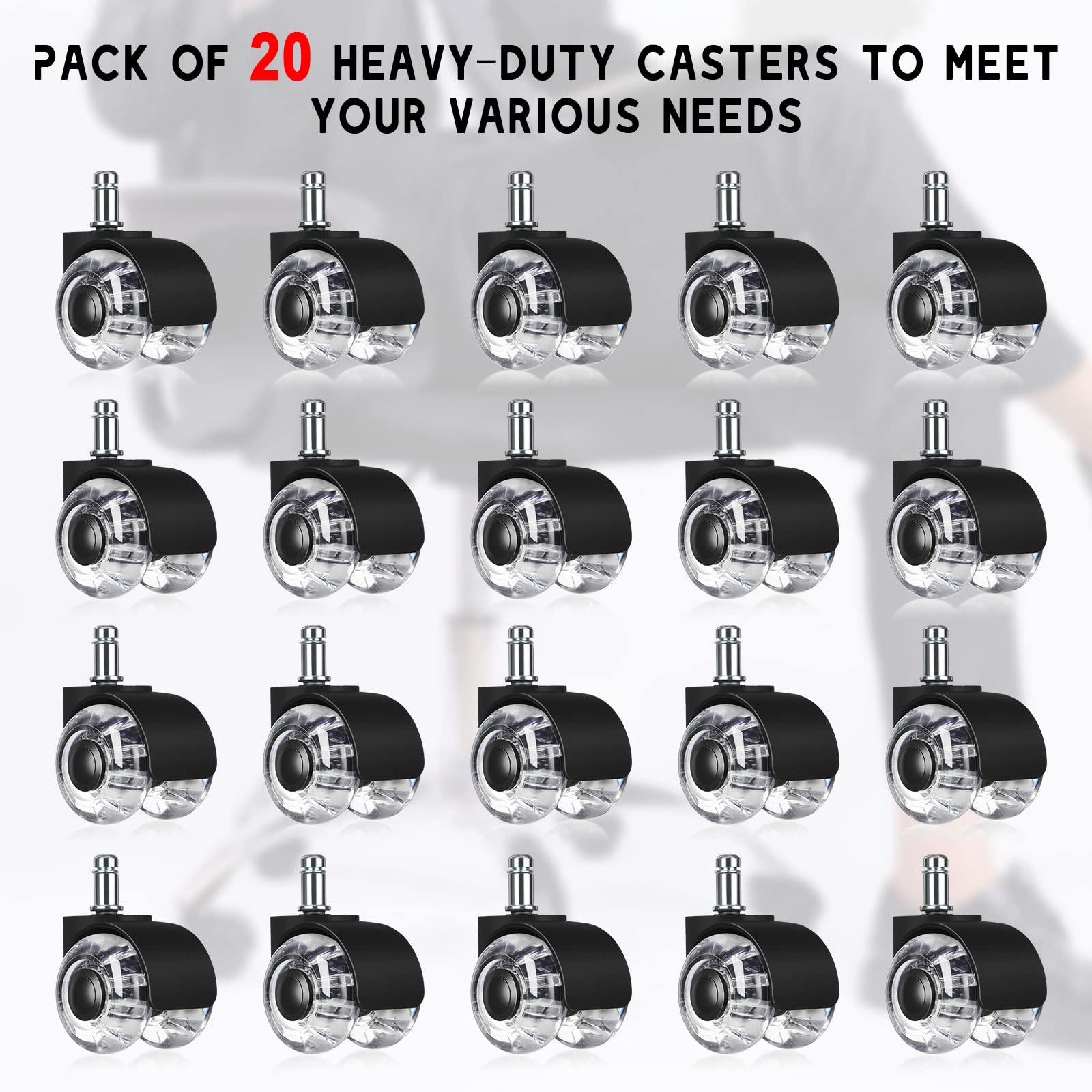 Bulk Pack Of 20 Heavy-Duty Office Chair Wheels – 2 Inch Universal Casters For Hardwood & Carpet - View #3