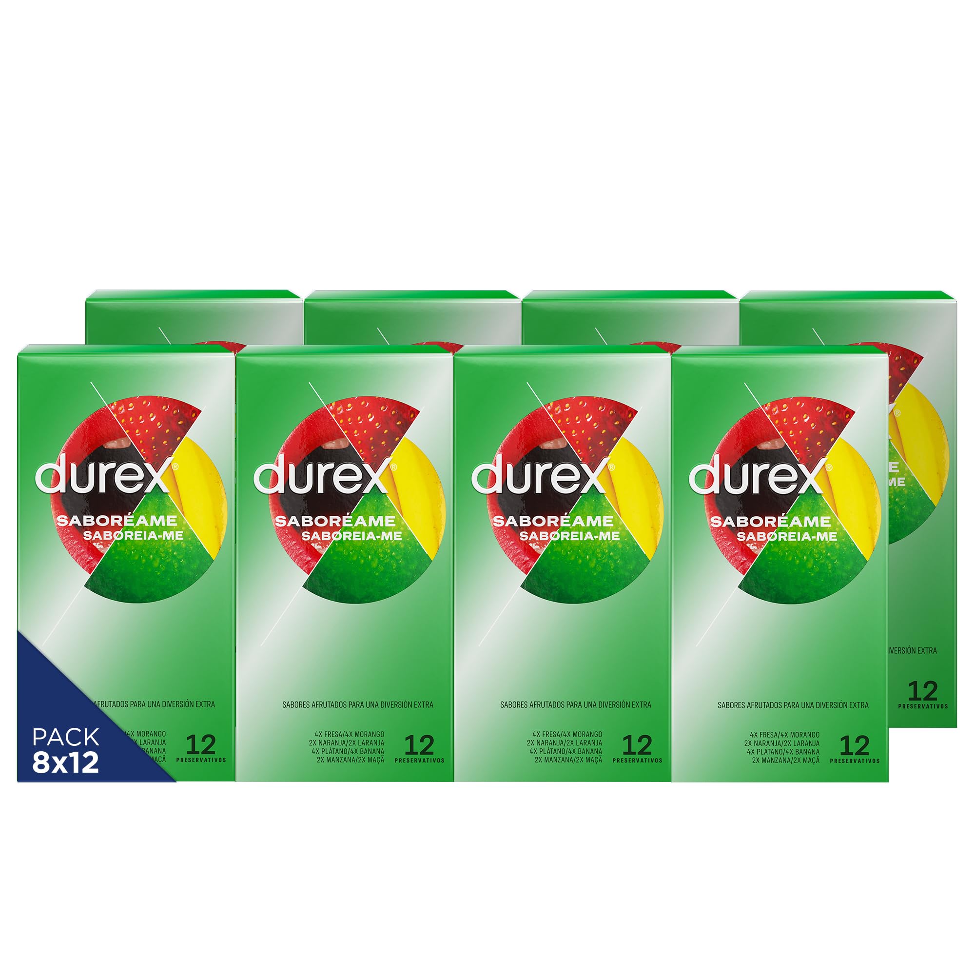 Durex Preservativos Saboréame, Sabores Afrutados Para una Diversión Extra, Fresa, Plátano, Naranja y Manzana, 12 condones [Pack 8 Unidades]