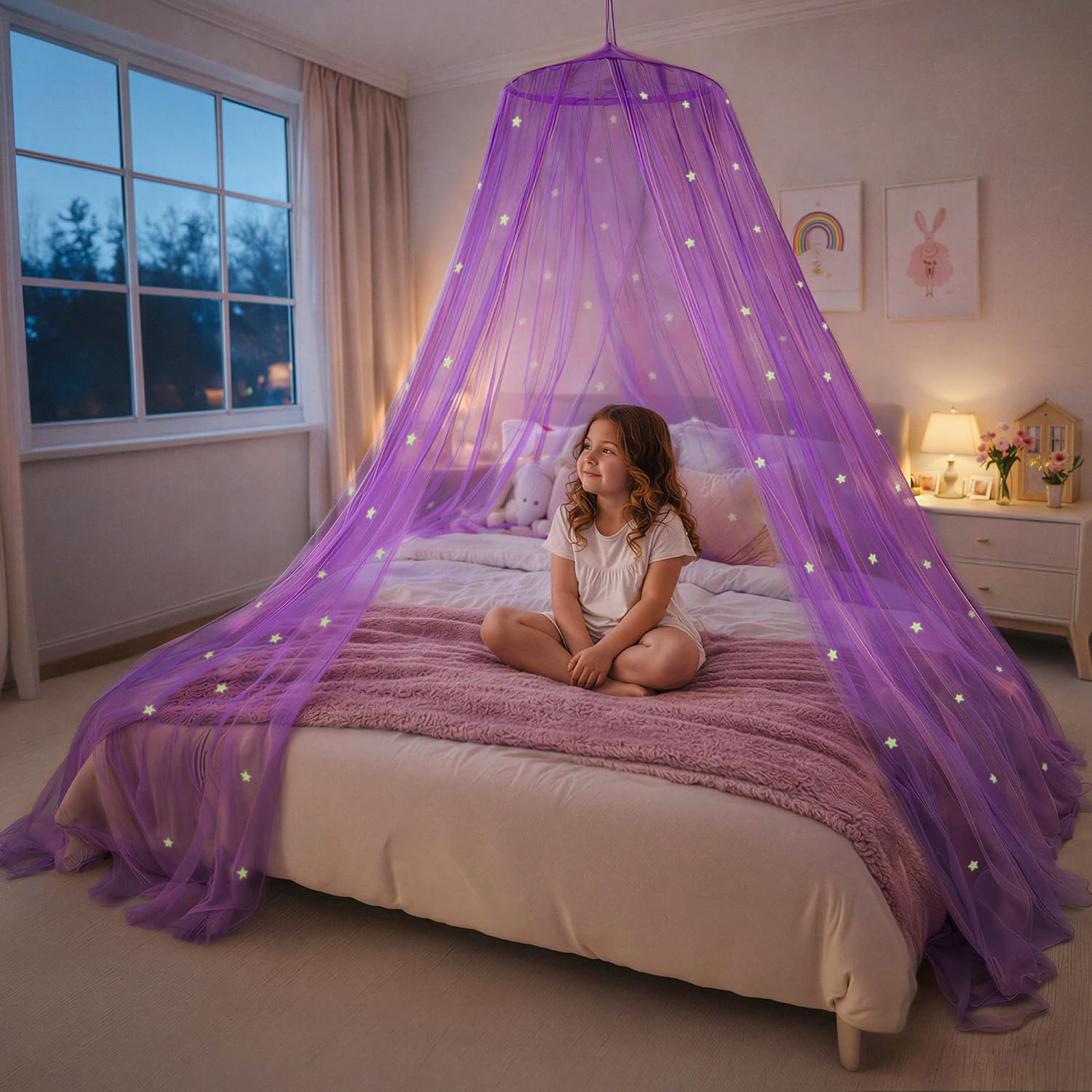 Bollepo Purple Bed Canopy for Girls with Glowing Stars