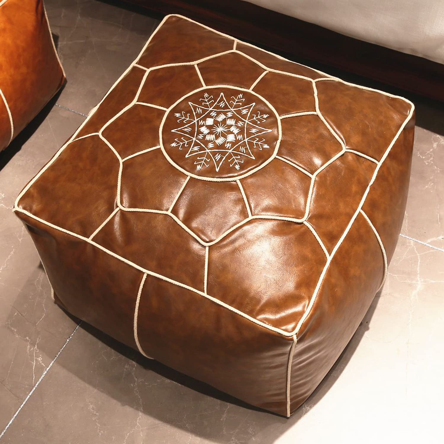 Housse de pouf carré 50x50x38cm repose-pieds en simili cuir brodé