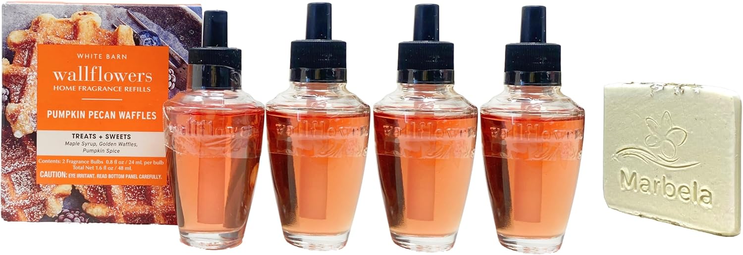 Bath & Body Work Pumpkin Pecan Waffles - 4 Wallflowers Home Fragrance Refill Bulbs with a Marbela Natural Oats Sample Soap.