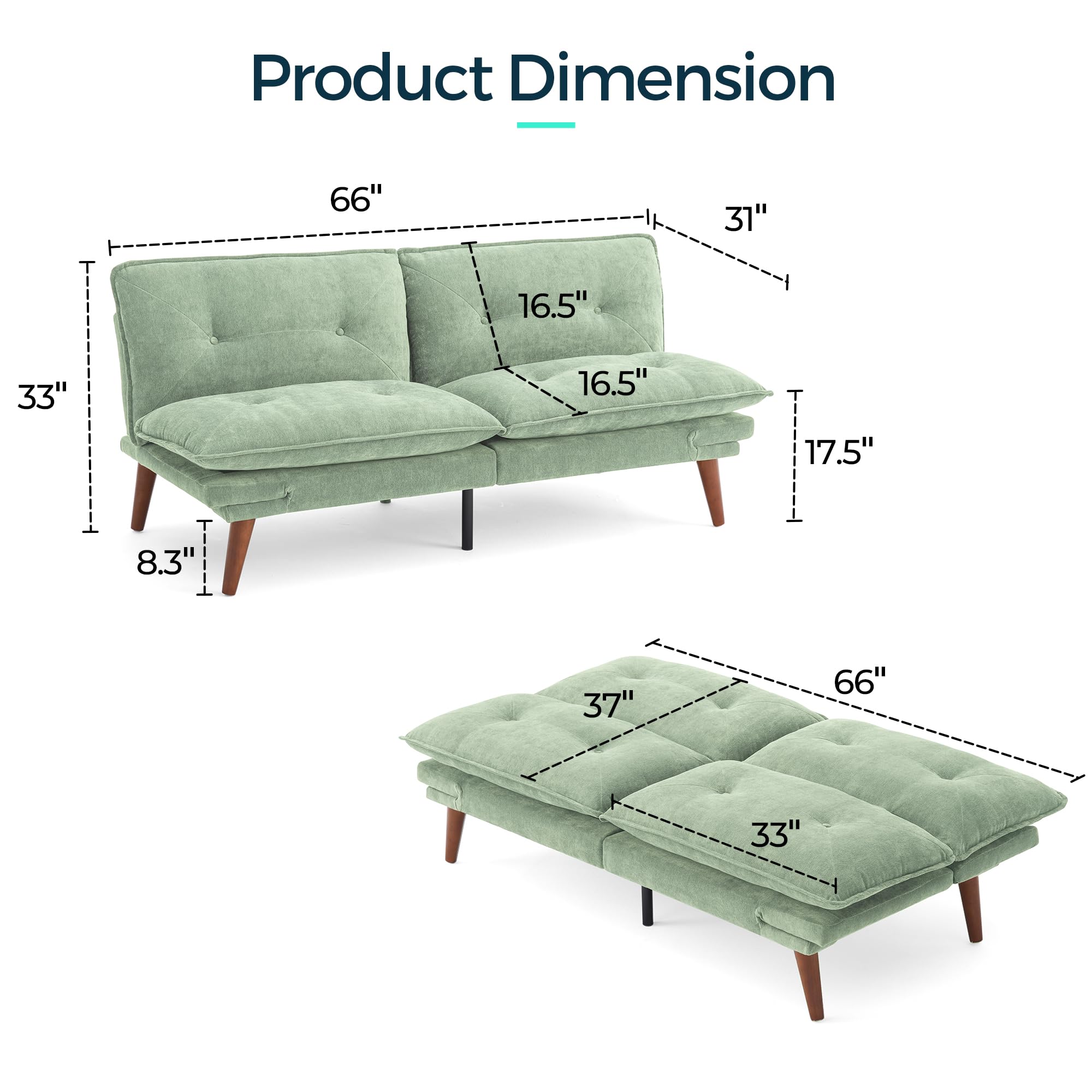 LINSY HOME Futon Sofa Bed, 70" Chenille Futon Couch with Adjustable Backrest Armrest, 3 in 1 Convertible Comfy Loveseat Sleeper Sofa Bed for Small Spaces Dorm Room Apartment Home Office, Light Green
