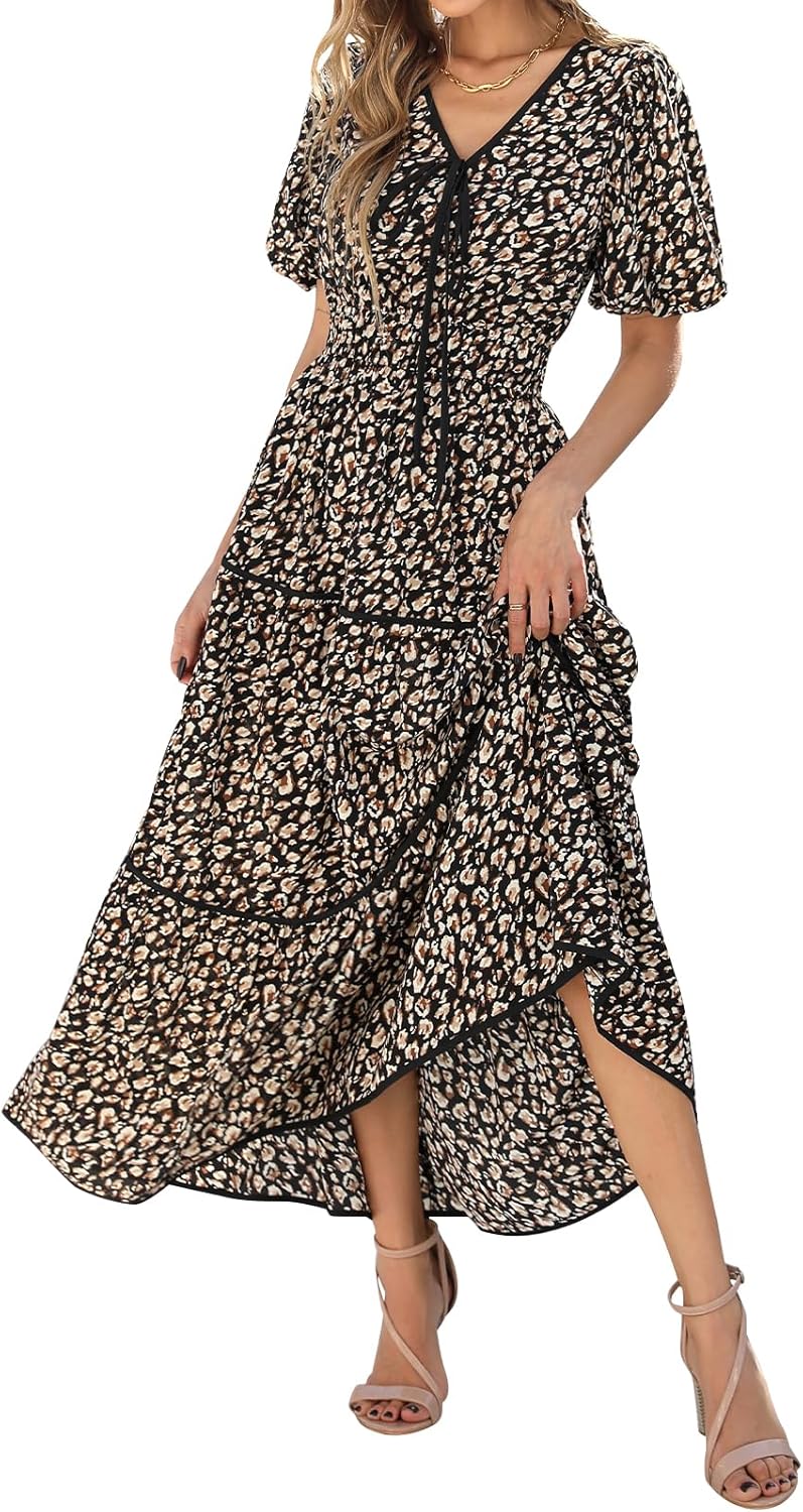 PRETTYGARDEN Women Summer Boho Maxi Dresses 2025 V Neck Puff Short Sleeve A-Line Flowy Tiered Floral Wedding Guest Dress