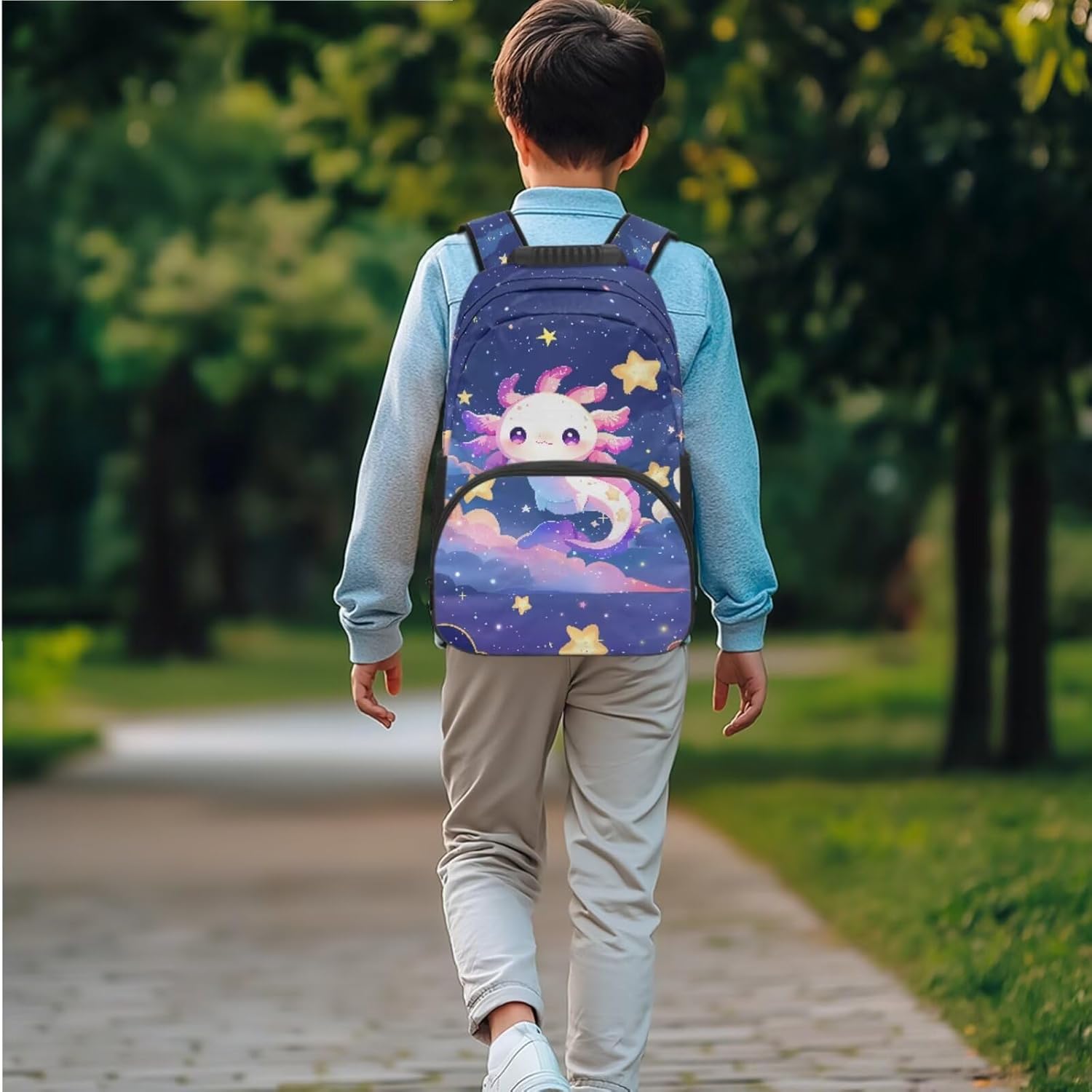 JEOCODY Cute Galaxy Axolotl Kids Bookbag School Backpack with Lunch Box for Girls, Boys School Bag with Lunchbox and Water Bottle Holder and Pencil Pouch Set of 4 School Supplies