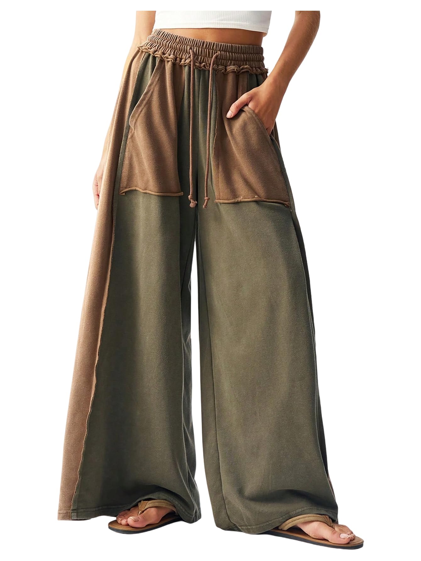 Womens Baggy Sweatpants Color Block Patchwork Wide Leg Sweat Pants Palazzo Flowy Pants Joggers