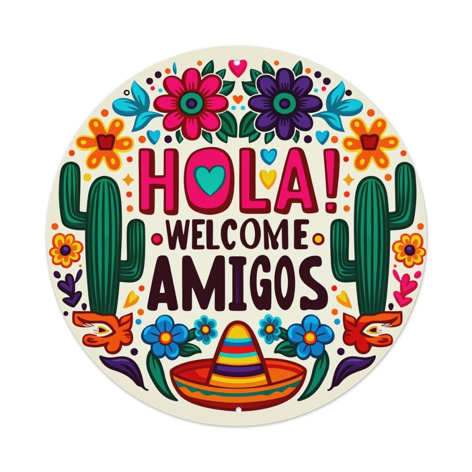 Colorful Mexican Floral Design Round Tin Sign Vintage Metal Poster, Home Bar Garage Man Cave Cafe Indoor & Outdoor Wall Decoration 8x8Inches