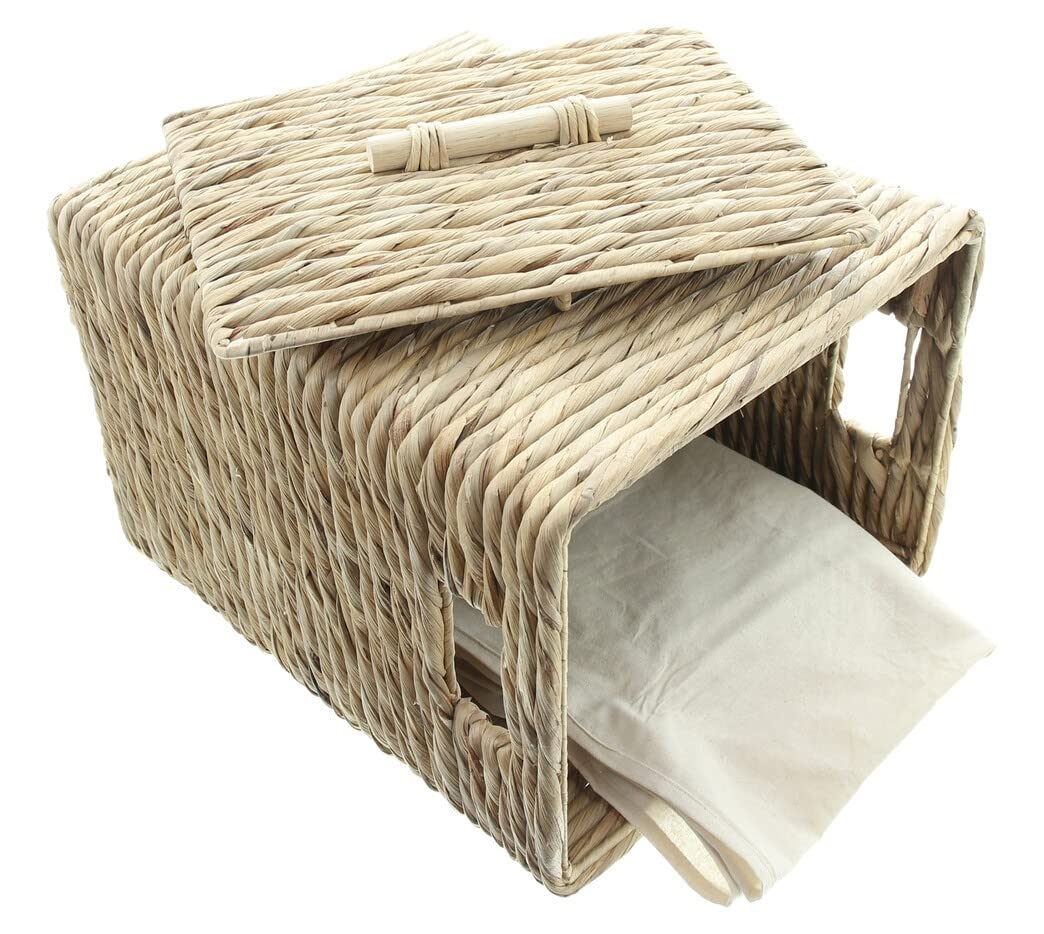 Dekoleidenschaft Panier à linge en jacinthe d'eau avec couvercle, 34 x 26 x 45 cm, panier à linge avec insert textile en coton crème, panier à linge, panier de rangement