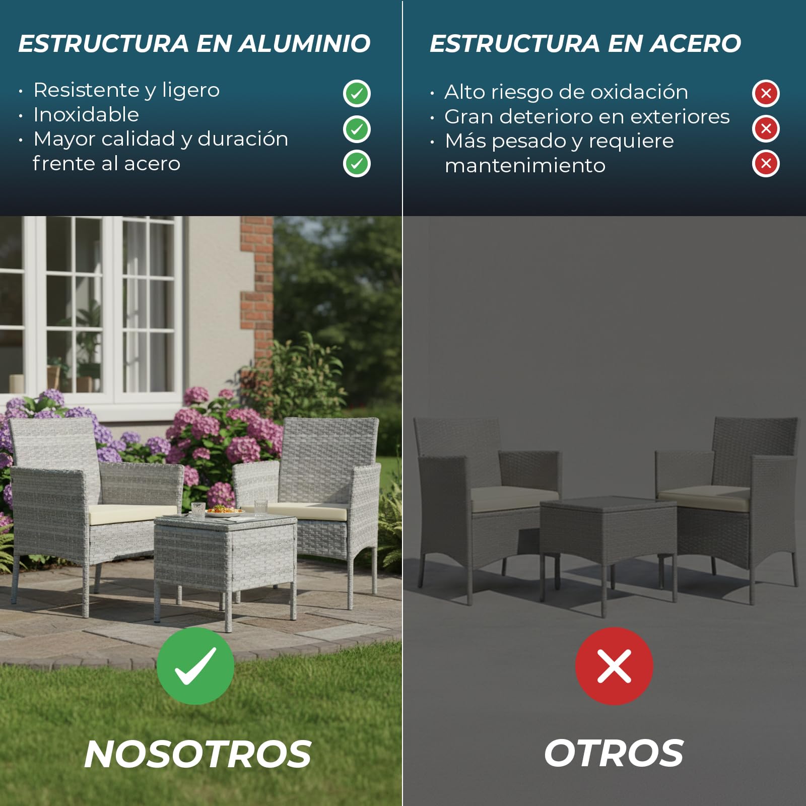 YOEVU - Set de Jardín de Ratán 3 Piezas | 2 Sillas con Cojines y Mesa de Cristal | Resistente al Agua y Sol | Estructura en Aluminio | Ideal para Terraza y Balcón, Ratán