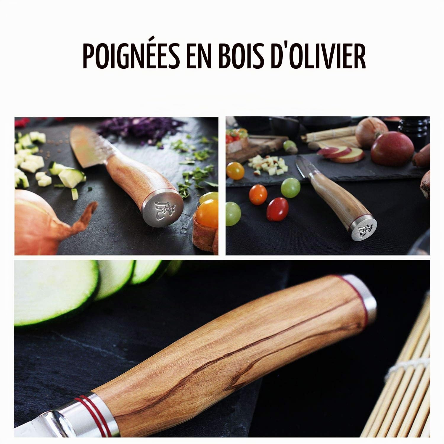 Wusaki Damas 10Cr Coffret de 2 couteaux de cuisine : santoku + couteau d'office - Lames damassées et manches en bois d'olivier