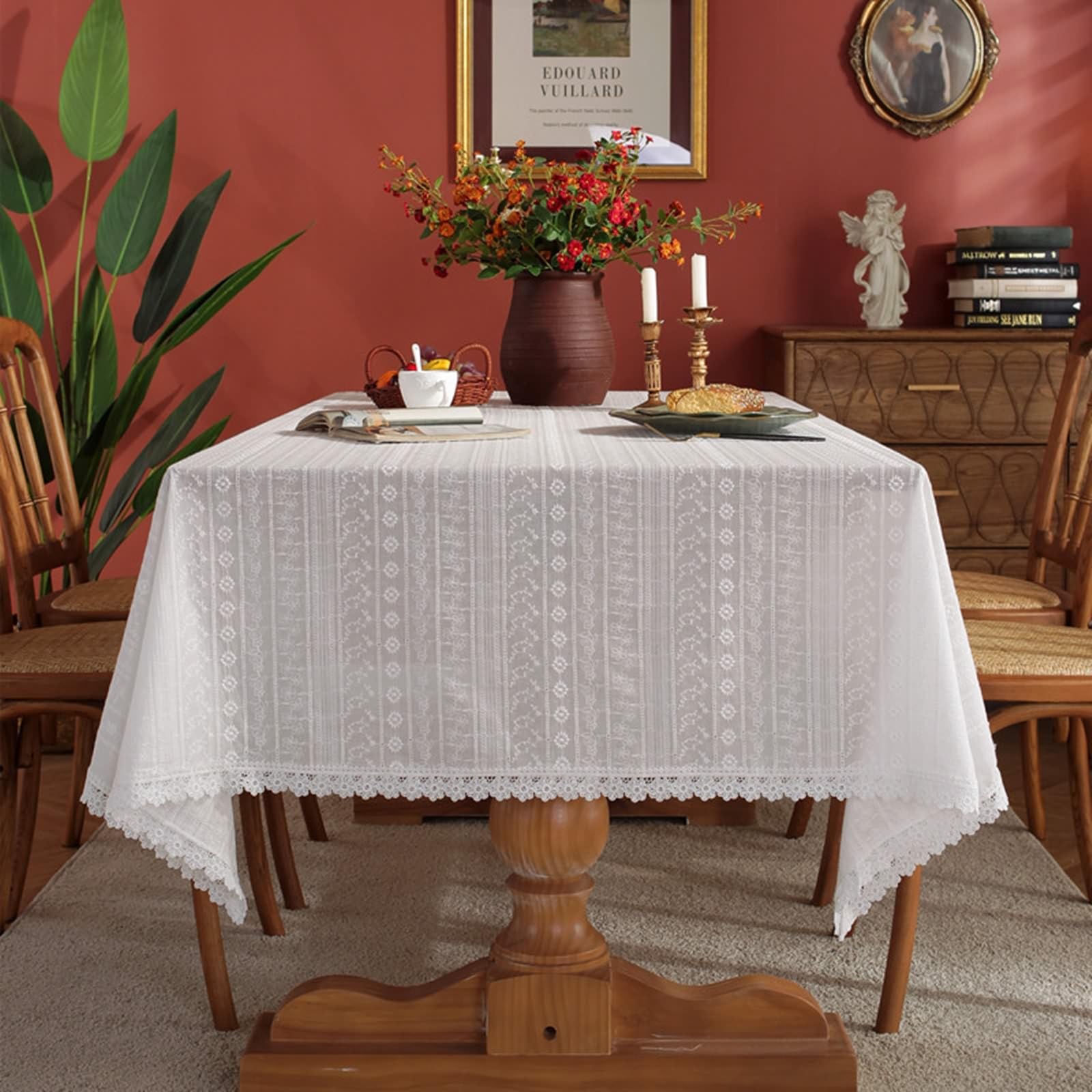 Mantel floral rectangular, encaje de algodón bordado flor con encaje cubierta de mesa de encaje para eventos, bodas, banquetes y fiestas, blanco, estilo B, 55 x 79 pulgadas