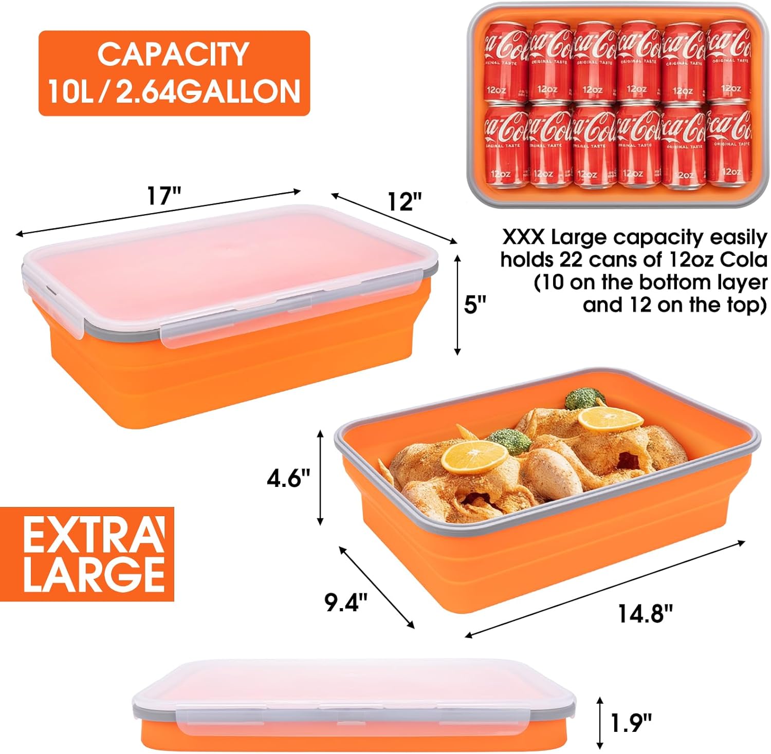 Silicone Collapsible Marinating Container with Lid for Meat, 2.64Gal/10L, Extra Large Collapsible BBQ Prep Tub, Transparent Locking Lid, XL Grill Prep Trays and Carry System, BBQ Must-Have, Orange