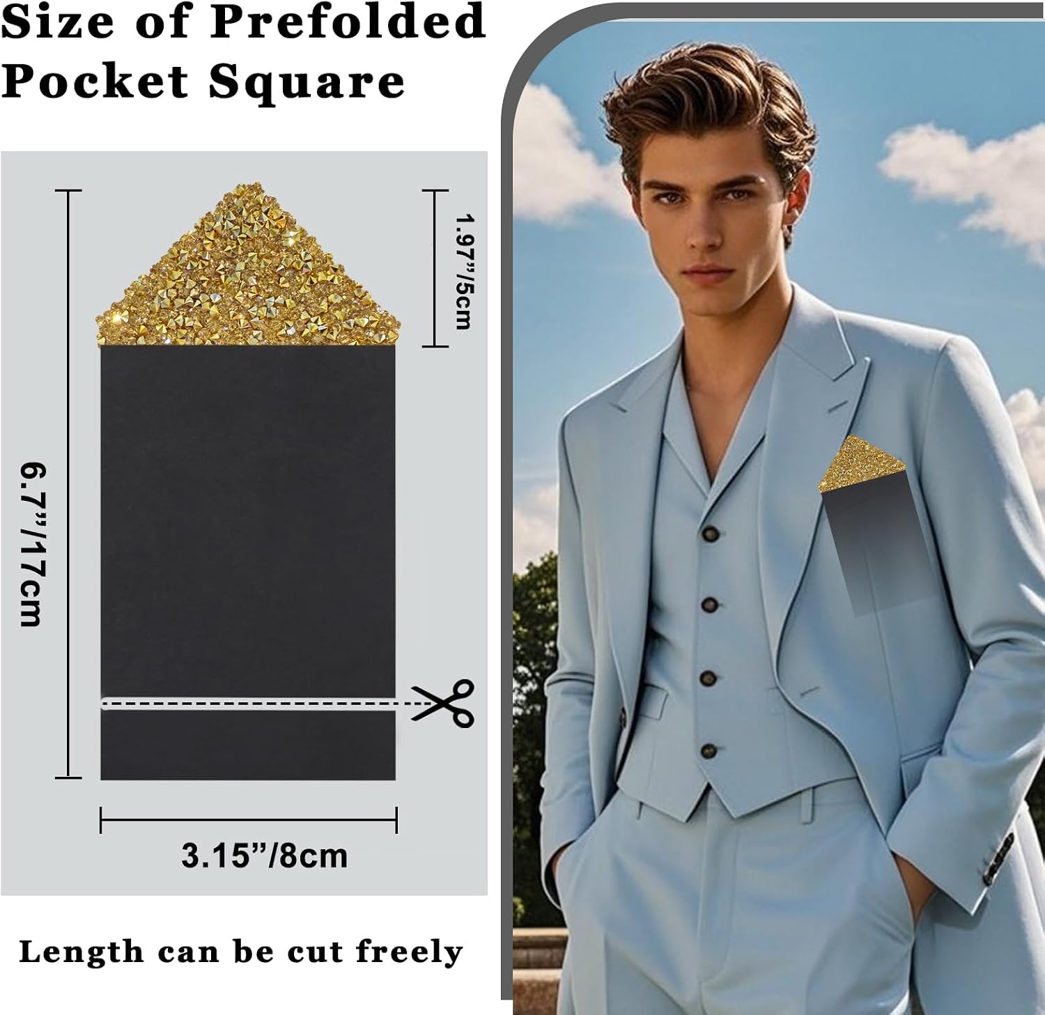 2 Pcs Rhinestone Prefolded Pocket Squares for Men on Card