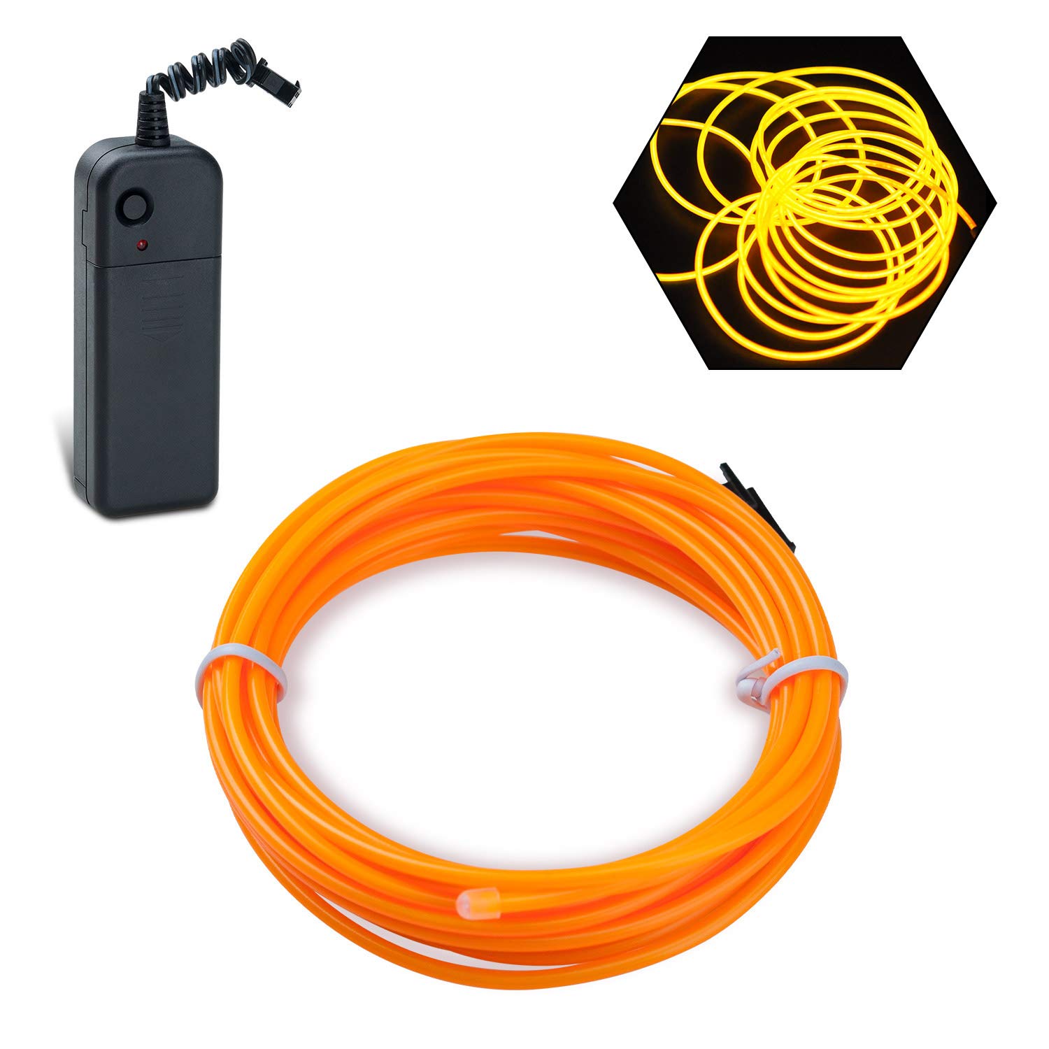 Podazz El Wire 16.4ft/5m Yellow, Neon Glowing Strobing Electroluminescent Wire with 3 Lighting Modes, Battery Operated El Light for Halloween Decor, Parties, Xmas Tree, Cosplay, Car Bar Decor