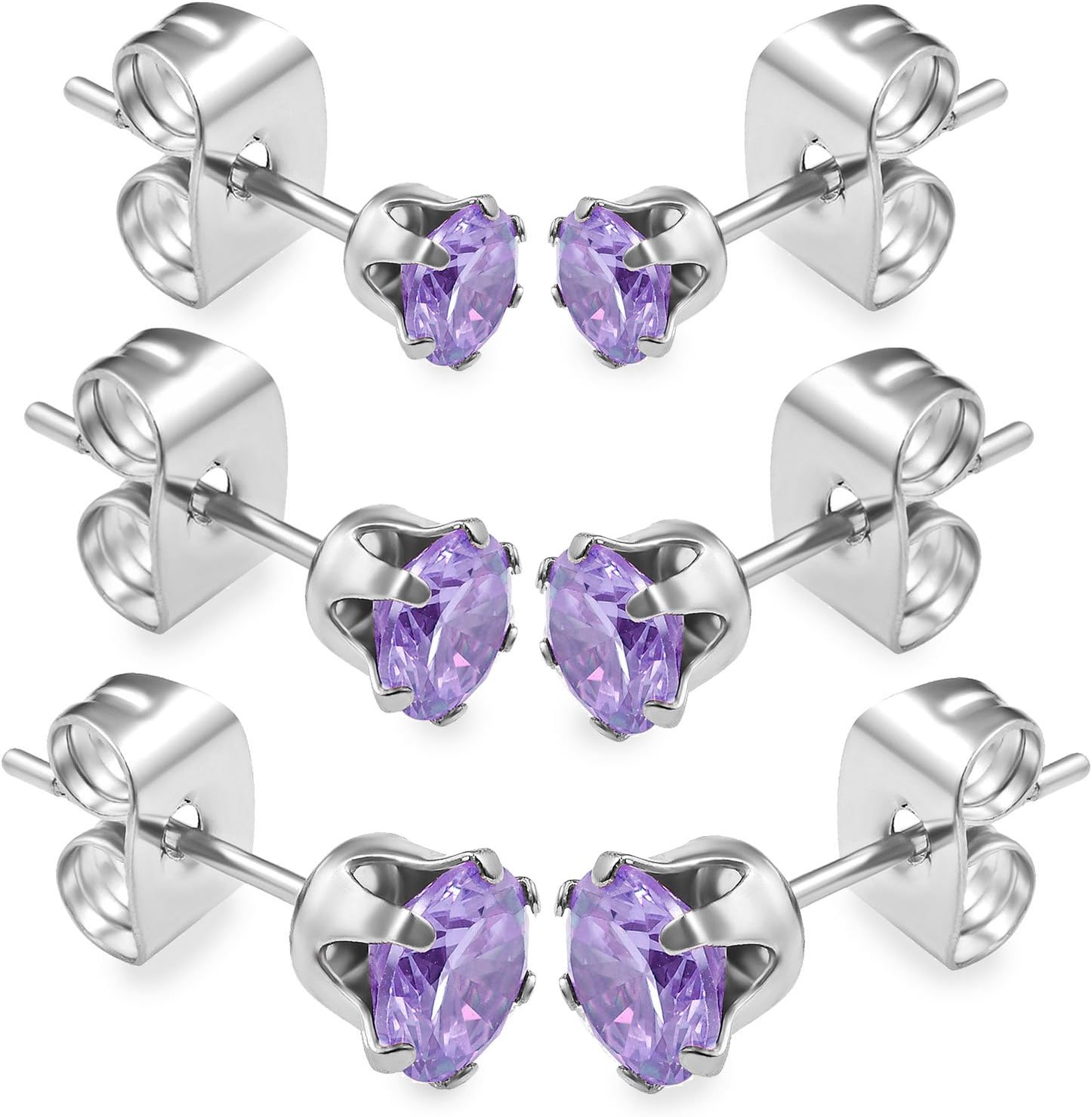 6pcs 20g 3mm 4mm 5mm CZ Crystal Stud Earrings Cartilage Triple Lobe Helix Gauges Surgical Stainless Steel Ear Plugs - Amethyst