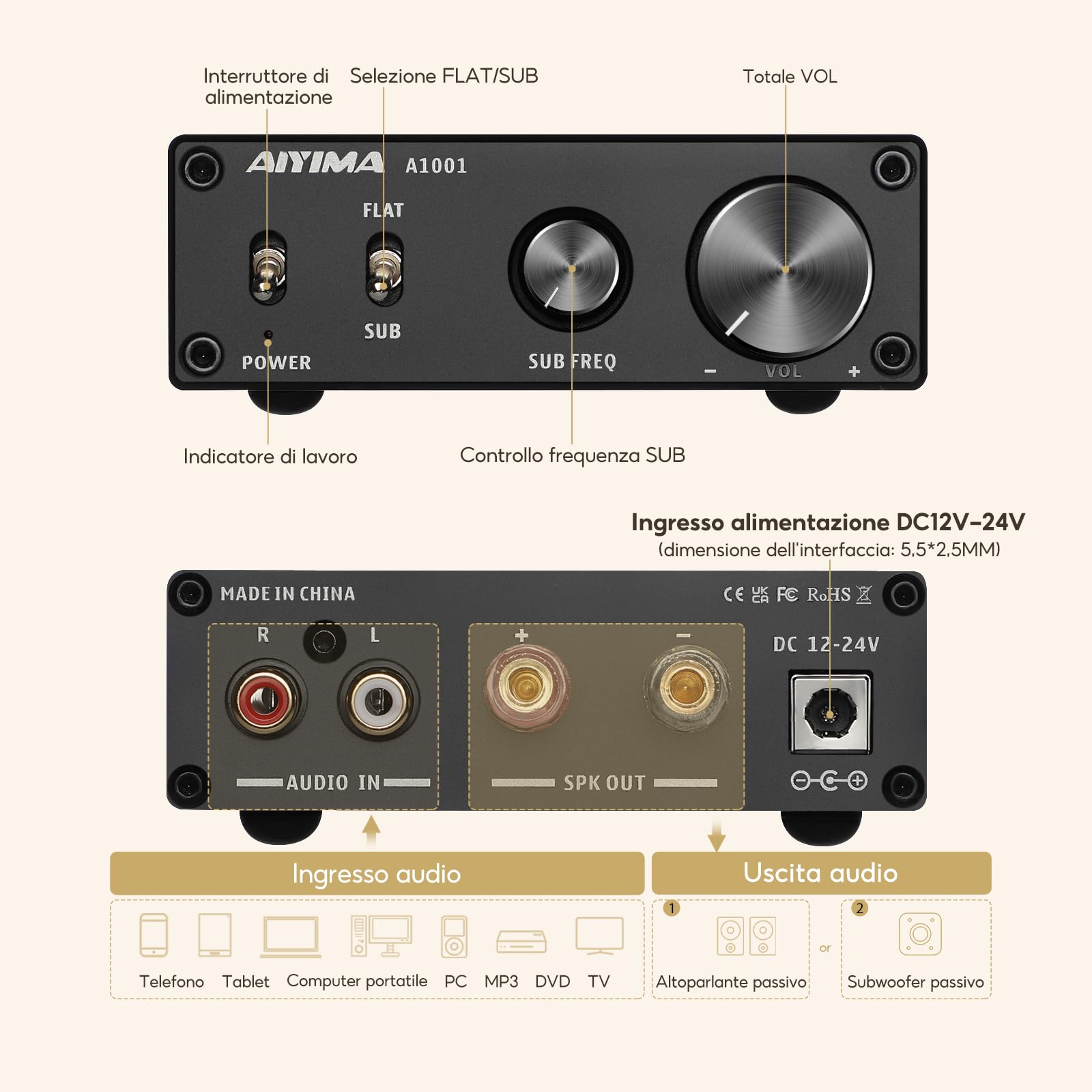 AIYIMA A1001 Mono amplificatore subwoofer amplificatore classe D HiFi Digital Power Amplificatore audio AMP 100W Home Theater with 24V power supply