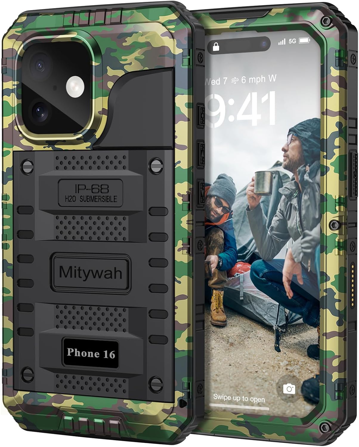 Mitywah Waterproof Case for iPhone 16, Shockproof Heavy Duty Case with Built-in Screen Protector, Underwater Full Body Protective Metal Case 6.1 inch, Camouflage