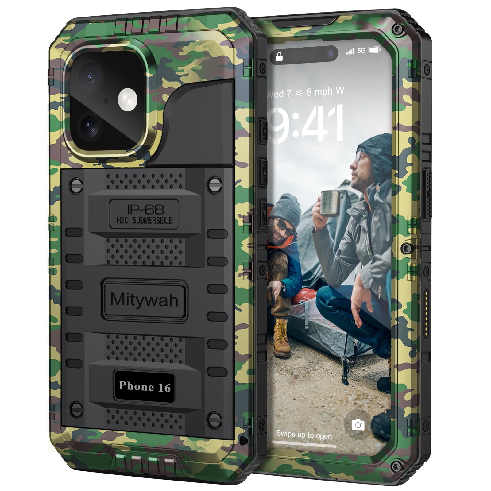 Mitywah Wasserdichte Schutzhülle für iPhone 16, stoßfest, strapazierfähig, mit integriertem Displayschutz, Unterwasser-Ganzkörper-Schutzhülle, Metallhülle, 6,1 Zoll, Camouflage