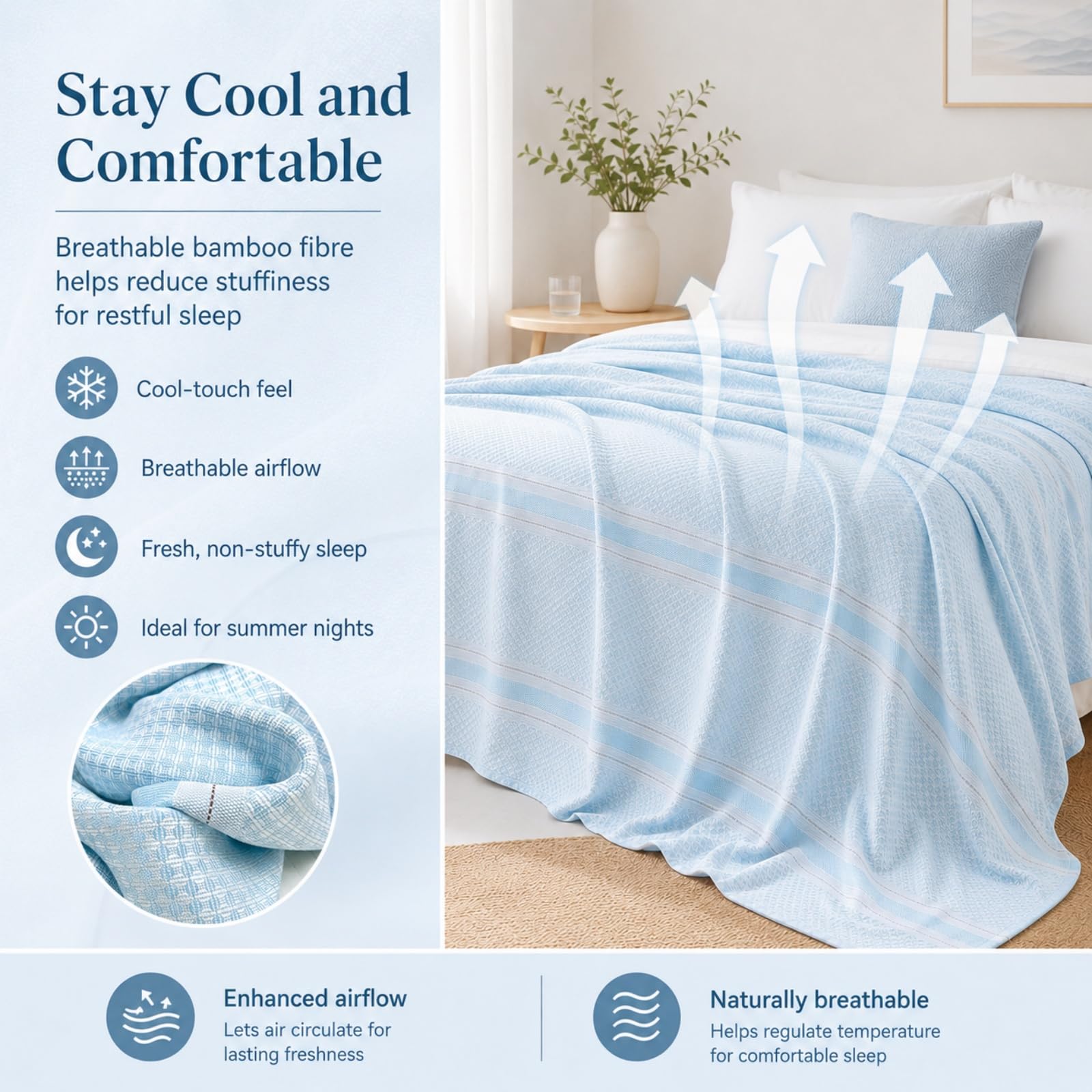 Odot Couverture Rafraîchissante Été Nuit Sueurs (180x220CM,A03 Bleu) | Couvertures Fraîcheur Double Face Légère, Idéal pour Lit Simple Double King Size, Plaid Frais Anti-Transpiration