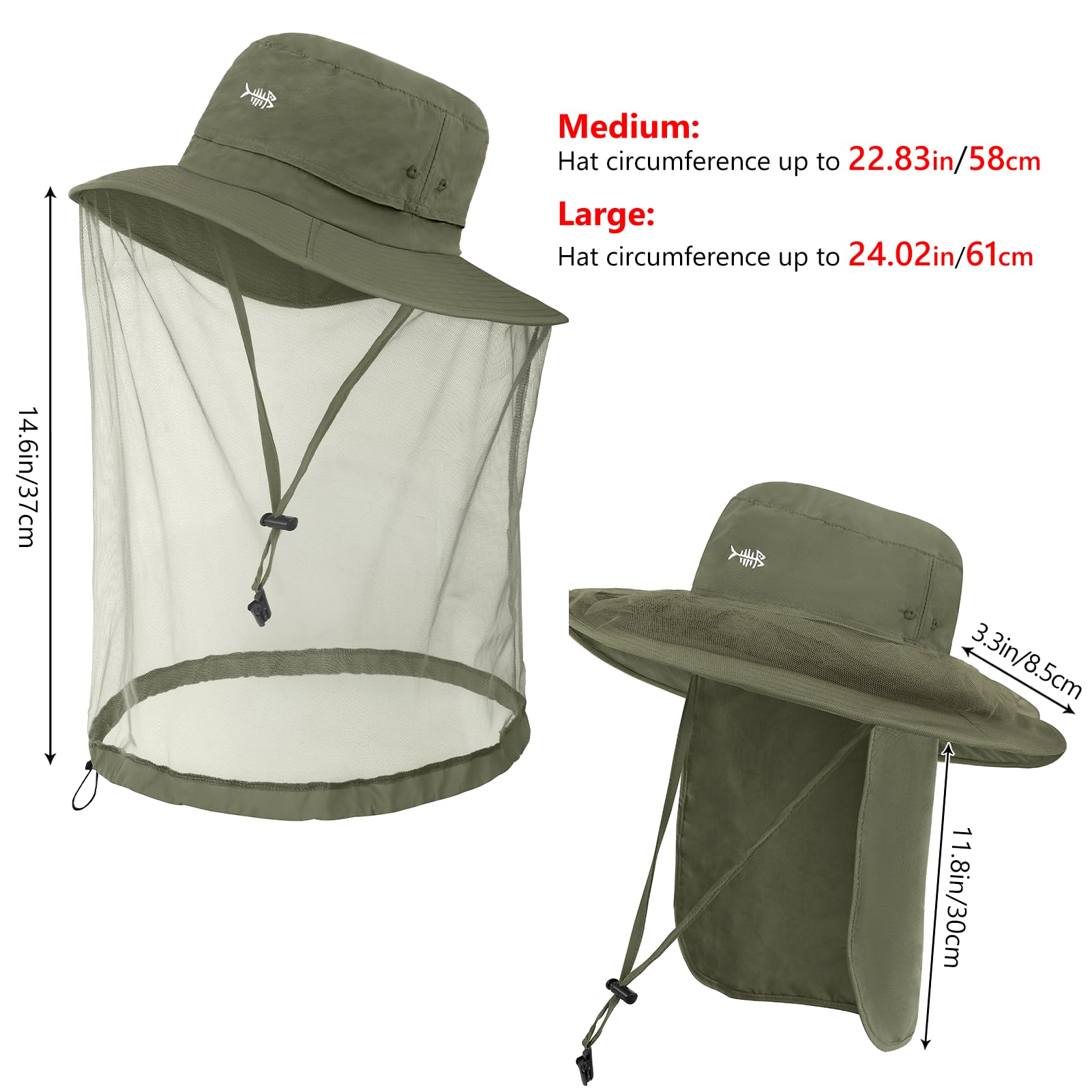BASSDASH LSF 50+ Moskitonetz-Hut mit verstaubarer Nackenklappe für Männer und Frauen, Outdoor, Angeln, Wandern, Camping, Gartenarbeit, FH17