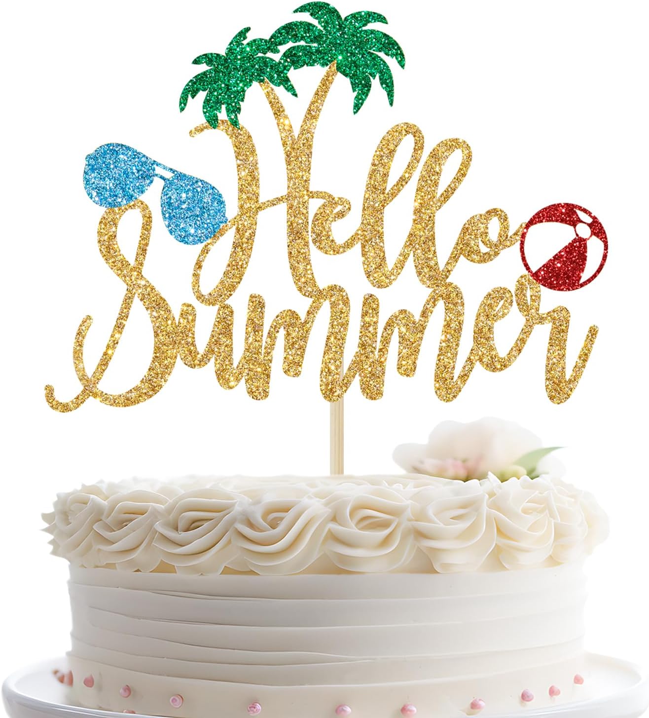 Hello Summer Cake Topper, Summer Vibes Birthday Cake Topper, Tropic Hawaii Holiday Theme Party Decoration, Summer Beach Pool Party Cake Topper, Colorful Glitter