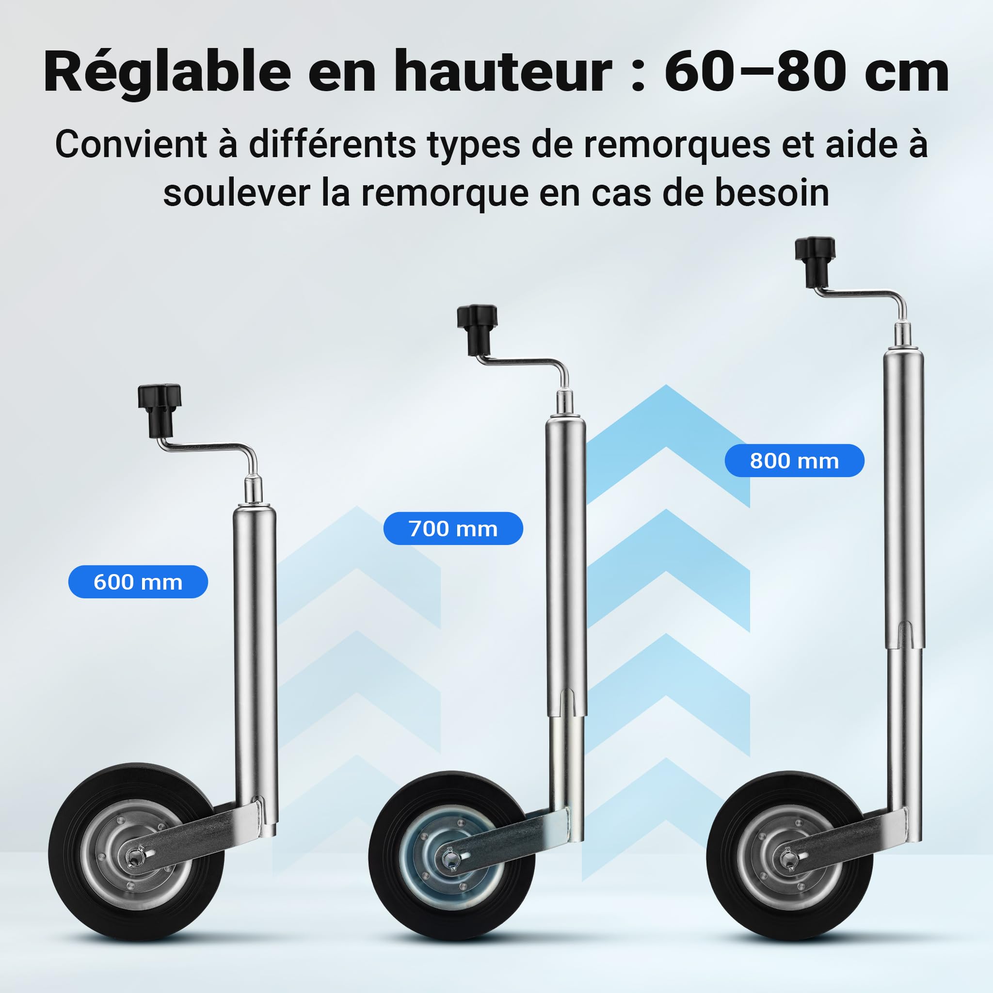 Wiltec Roue Jockey pour remorque – 600 x 250 x 50 mm – DM 48 mm – capacité Max. 362 kg – en Acier galvanisé et Caoutchouc – Béquille Camping Car Caravane