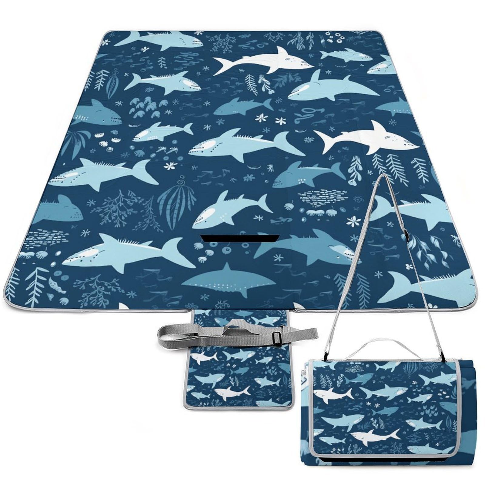 Sharksm Beach Blanket Thickened Foldable Camping Mats Soft Lightweight Beach Pad Square Picnic Blankets with Shoulder Strap for Park Grass Patio Hiking