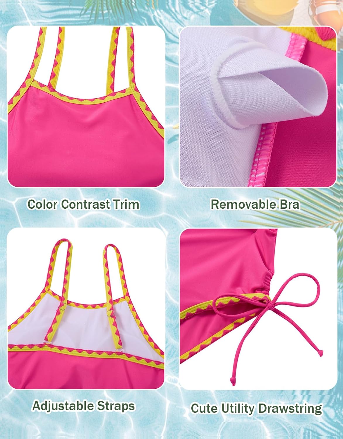 Girls Swimsuit One Piece Bathing Suit Color Contrast Trim Adjustable Strap Drawstring Swimwear for Teens Size 9-16 - Image 6