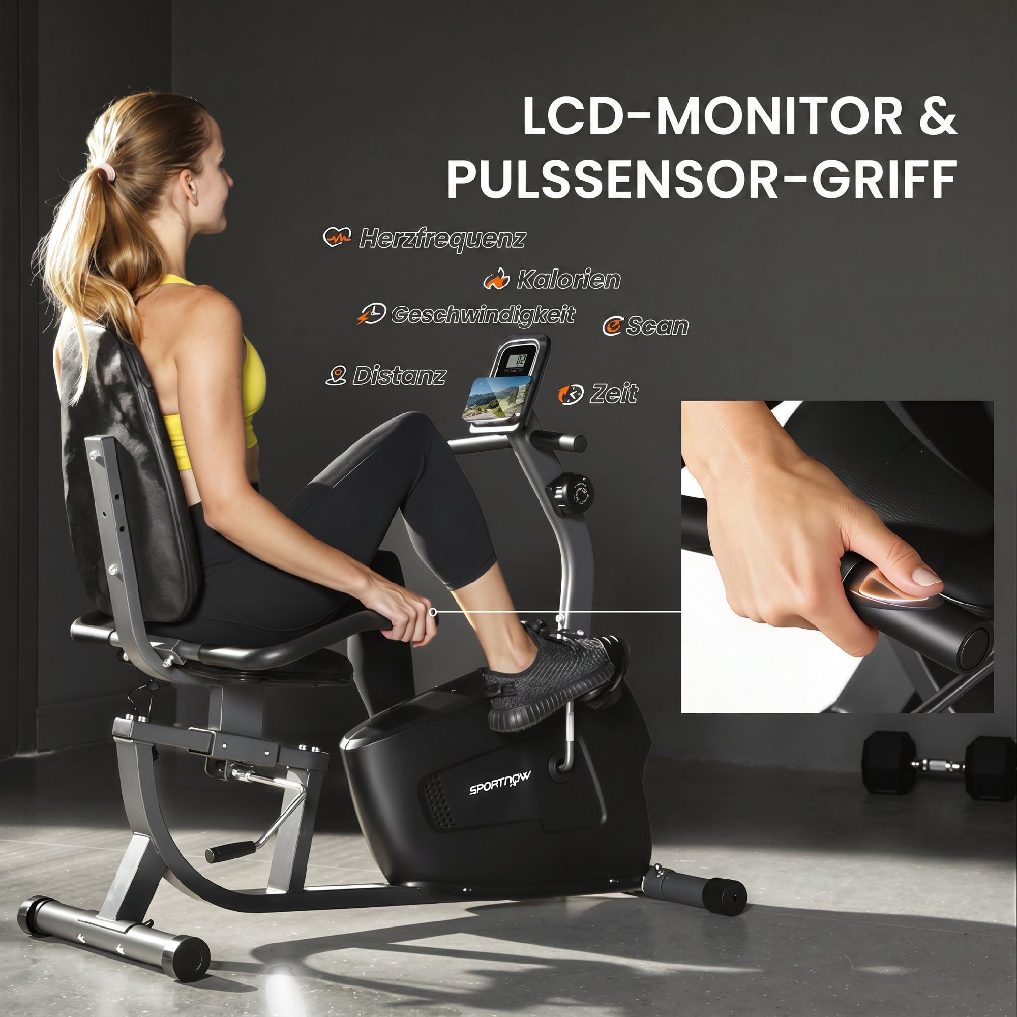 SPORTNOW Liegeergometer für Zuhause mit 8 verstellbar Widerstandsstufe Magnetbremse Pulssensor LCD-Display Senioren Leise Liegefahrrad Heimtrainer mit verstellbar Bequem Sitz Sitzergometer Bis 135kg