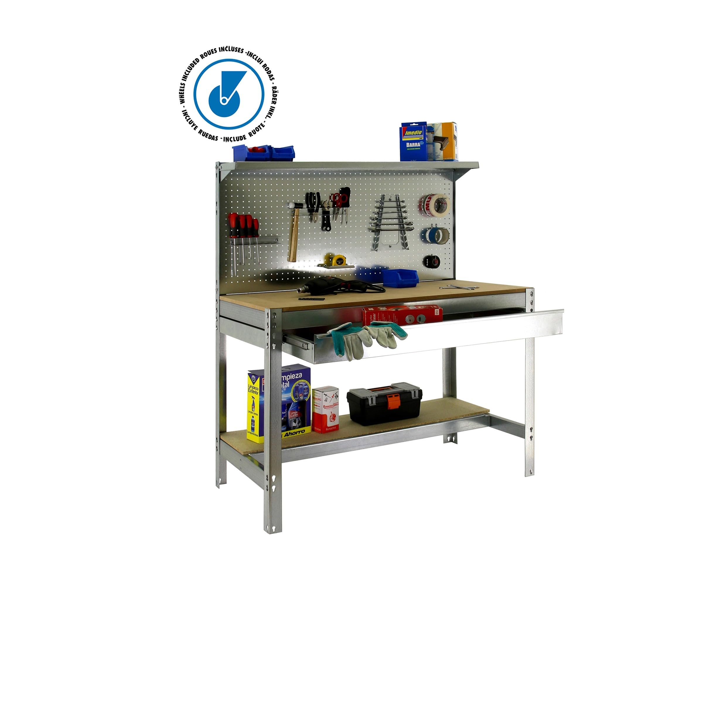 Simon Rack Banco de Trabajo Taller con Ruedas 1510x610 mm - BT3 | Panel Perforado y Cajón, Tablero madera 16 mm, Capacidad Carga 120 kg, Galva , Pintura anticorrosión, Montaje sistema clic