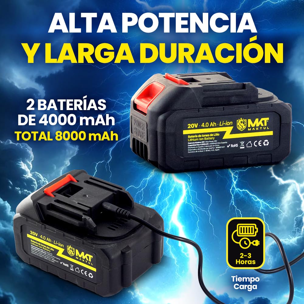 MAKTUL Pistola de Impacto Potente a Batería 1/2'' Torque, 2 Baterías 4000mAh 20V 300Nm, Taladro Atornillador Destornillador Eléctrico Inalámbrico con Accesorios para Coche Bicicleta