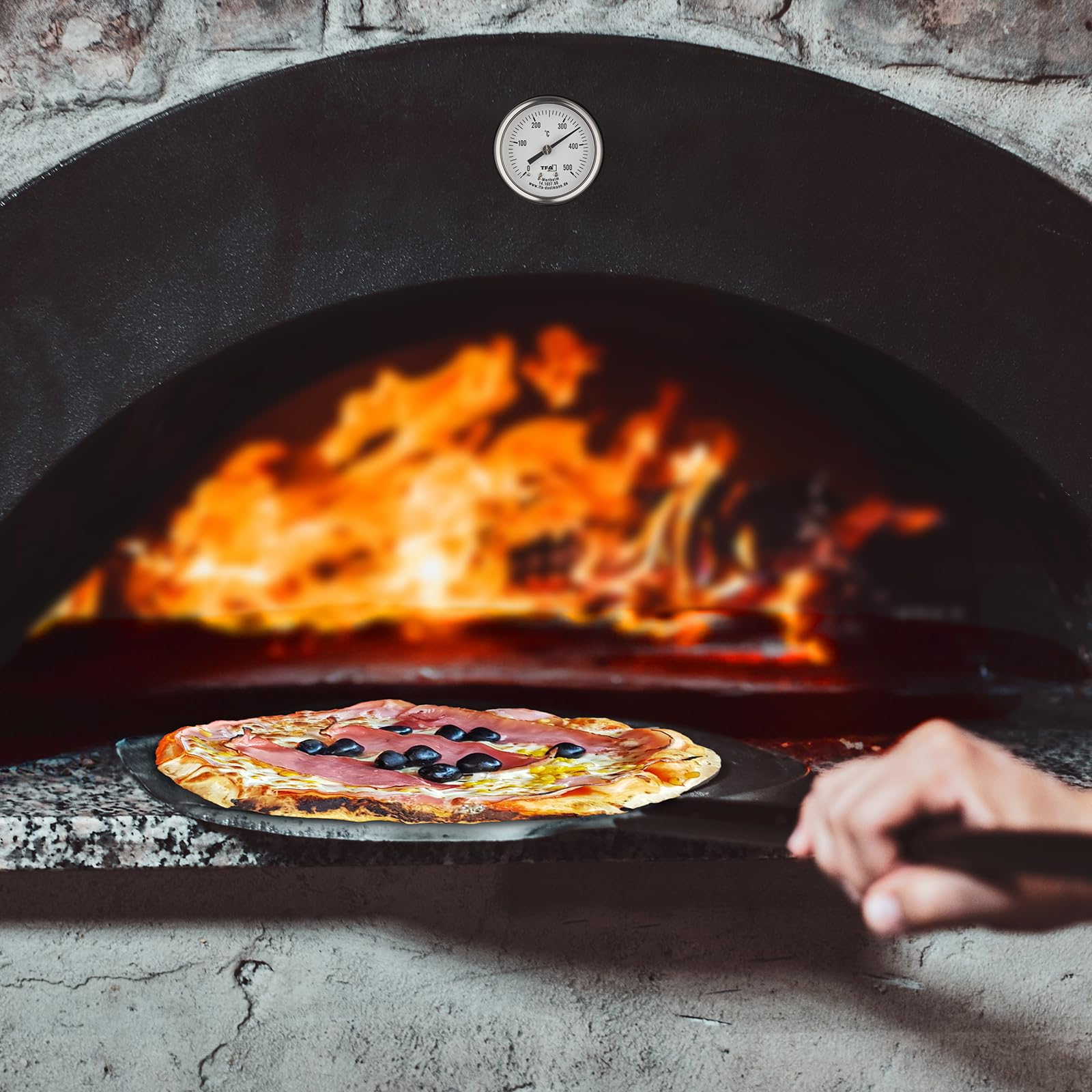 TFA Dostmann Thermomètre analogique, acier inoxydable, jusqu'à 500°C, 14.1037, pour four à pizza, à pierre, à bois ou le gril/smoker, sonde à câble, pièce de rechange ou accessoire, argenté