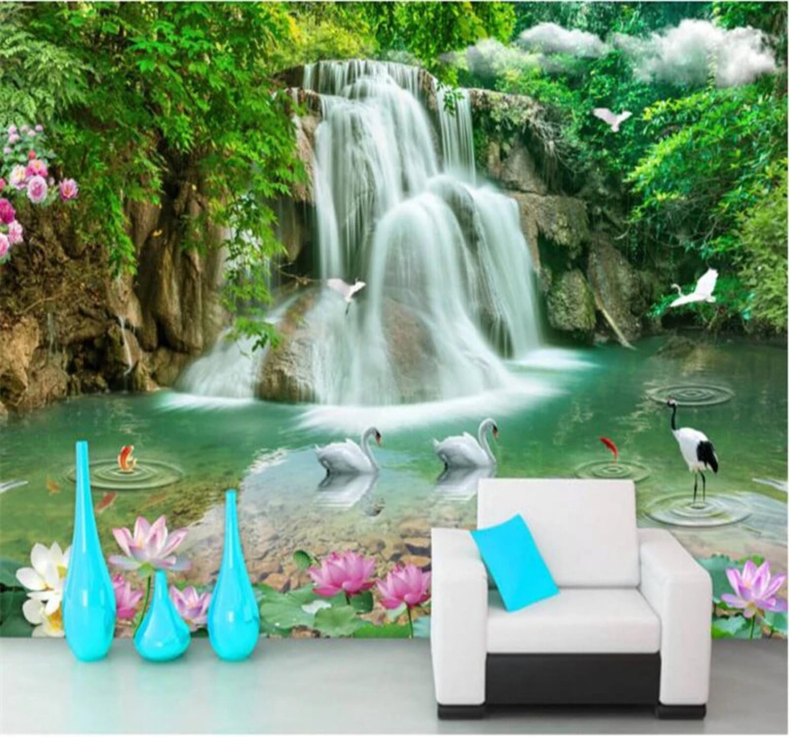 Wallpaper-3D-Xlm 400Cm×280Cm(B×H) Fresh Green Landscape Waterfall Lotus 3D Wallpaper Easy Install Feature Office Living Room Sofa Bedroom Tv Background Wall Decoration-400Cm×280Cm