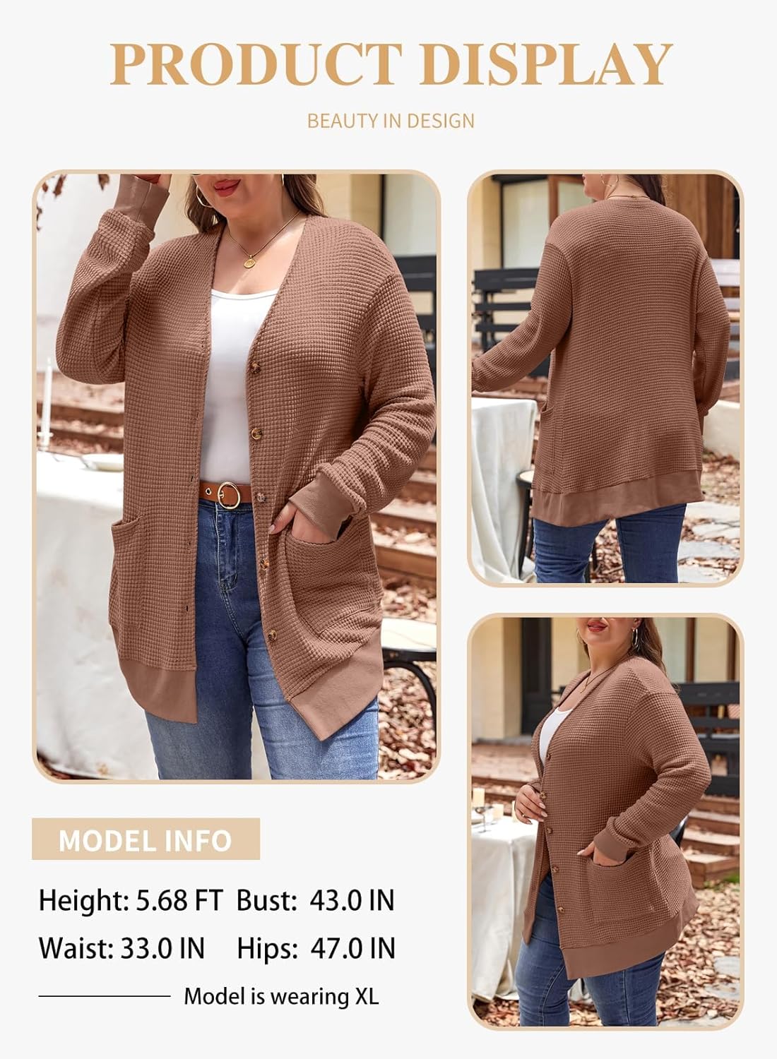 Eytino Womens Plus Size Cardigans Casual Long Sleeve Waffle Knit Front Button Tops(1X-5X) - Image 3