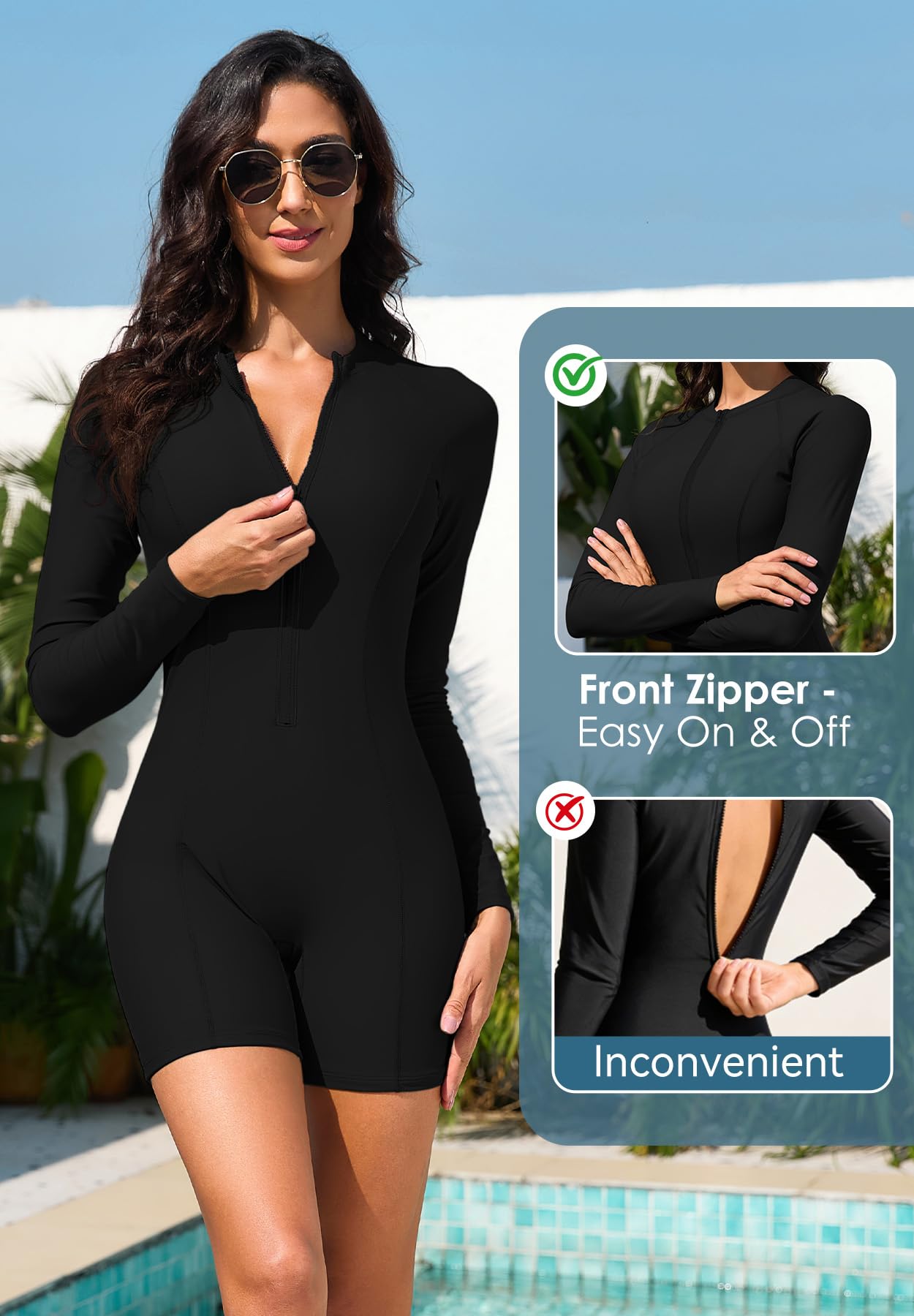 Zando Costume da bagno intero da donna UPF50+, con protezione anti-rash guard a maniche lunghe, con cerniera frontale e gamba, per surf e nuoto