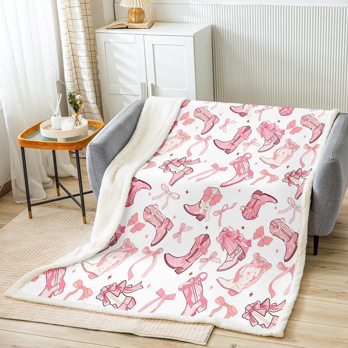 Manfei Pink Bow Boots Throw Blanket Kawaii Bowknot Fleece Blanket Princess Style Cozy Throws for Bed Couch Sofa,Kids Boys Girls Room Decor,Soft and Breathable(90 x 90 Inches) โ image 1