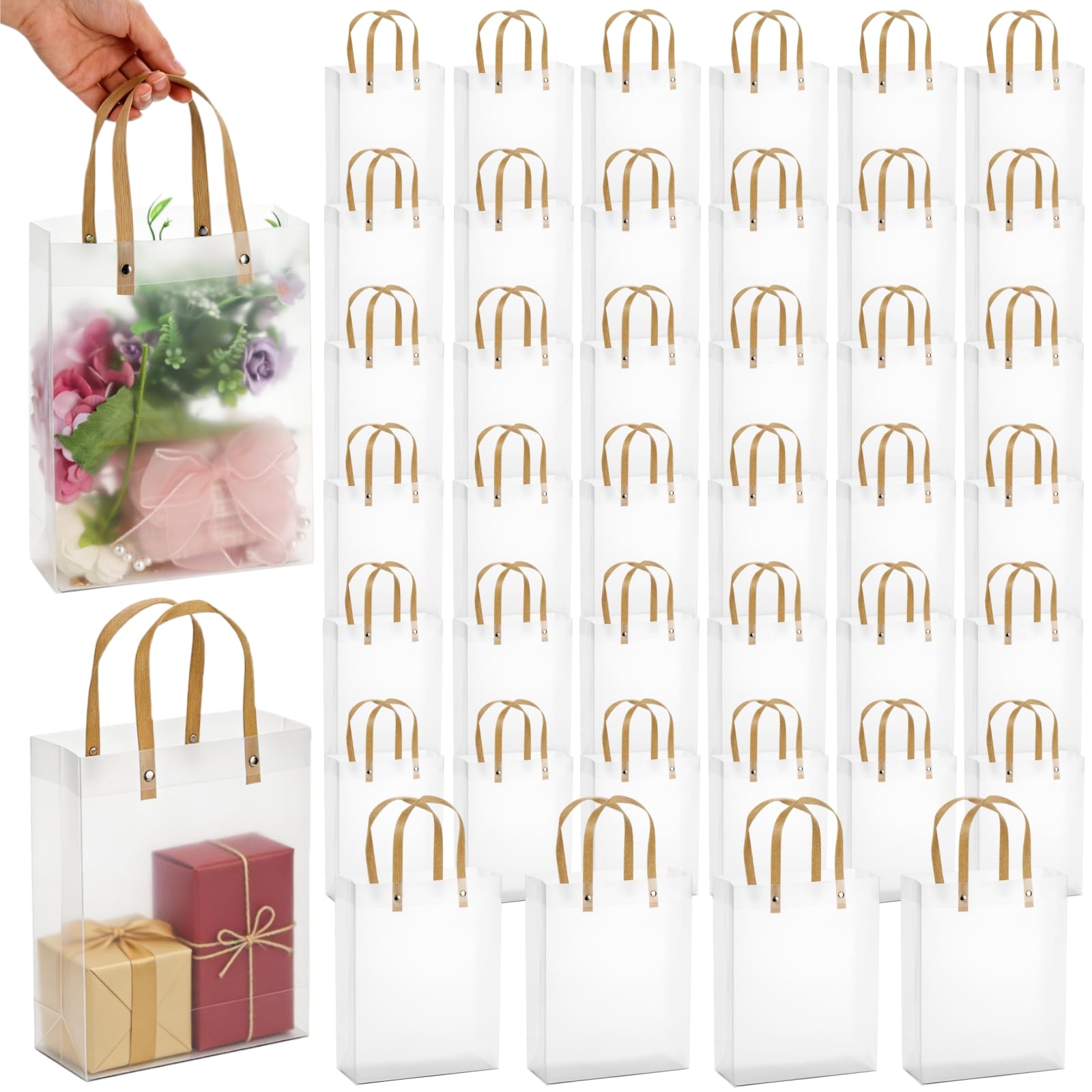 40 Pieces Clear Gift Bags with Handles, White Frosted PVC Candy Bags 8''x3''x10'', Reusable Translucent Wrap Tote Boutique Bags for Valentine Wedding Shopping Party, Tear Resistant