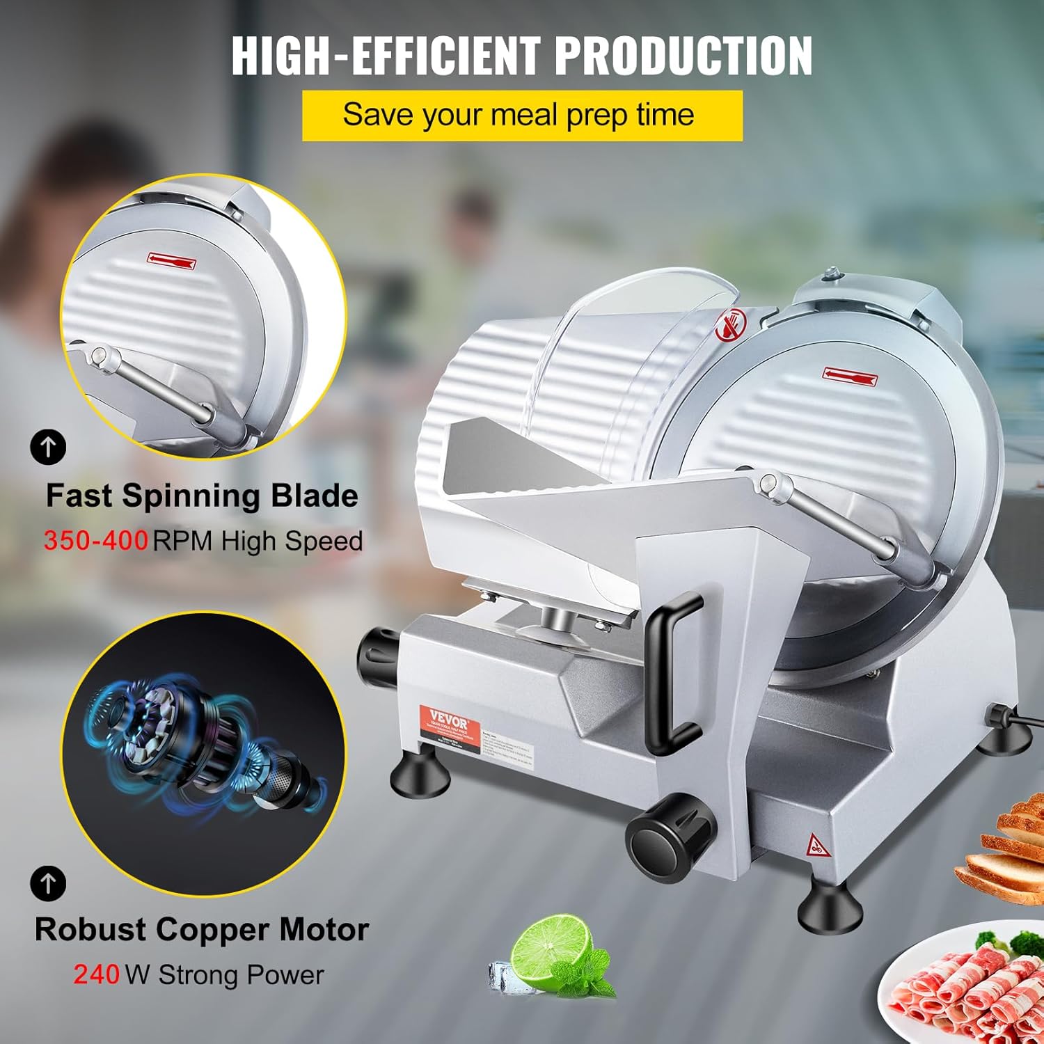 VEVOR Commercial Meat Slicer, 10 inch Electric Food Slicer, 240W Frozen Meat Deli Slicer, Premium Chromium-plated Steel Blade Semi-Auto Meat Slicer For Commercial and Home use
